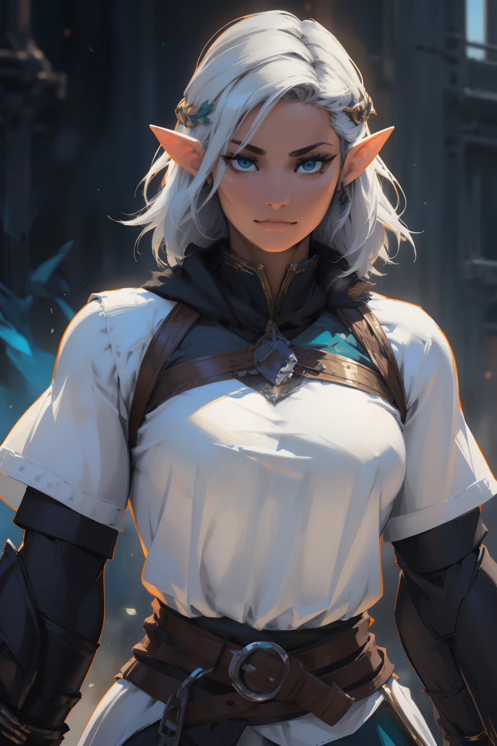 Best quality, masterpiece, ultra high res, (photorealistic:1.5), raw photo, 1girl, offshoulder, in the dark, deep shadow, low key, cold light, sexy look, white hair, short wavy hair, purple eyes, light smile, (large breasts: 1.2), white oversized t-shirt, elf girl, elf ears score_9, score_8_up, score_7_up, woman, simple background, dark background, green eyes, gorgeous, elf, fur outfit, black viking outfit, pale skin, solo, dark blue heavy armour, dark blue medieval armour, dark blue chainmail, mythril armour, elven ornaments, fur cloak, standing up straight, calm face, runic tattoos, silver hair, closed mouth, cowboy shot