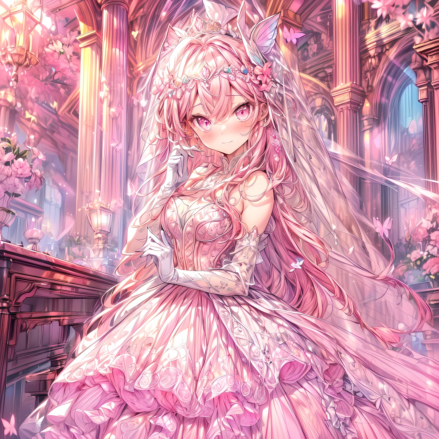 Anime girl in a pink dress with a veil and flowers - SeaArt AI
