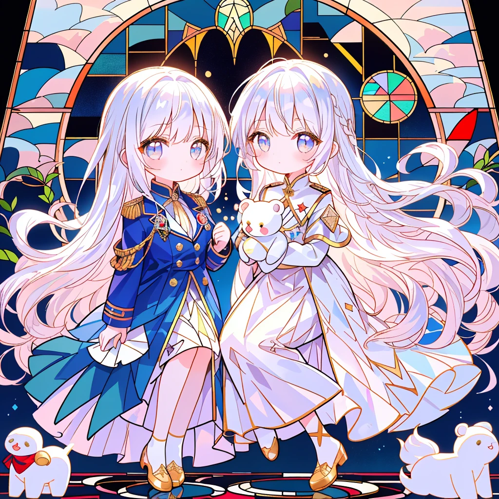 １ girls sitting in a mirror ,Handsome face、Baby Face、The best composition、Golden Ratio、(Chibi:1.15),Milky white hair color、( Smooth Long Hair :1.2),( colorful and glamorous atmosphere like stained glass:1.25),(Outfits inspired by military uniforms :1.25),（Cute stuffed animal:1.3),