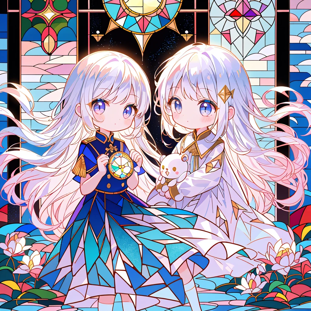 １ girls sitting in a mirror ,Handsome face、Baby Face、The best composition、Golden Ratio、(Chibi:1.15),Milky white hair color、( Smooth Long Hair :1.2),( colorful and glamorous atmosphere like stained glass:1.25),(Outfits inspired by military uniforms :1.25),（Cute stuffed animal:1.3),