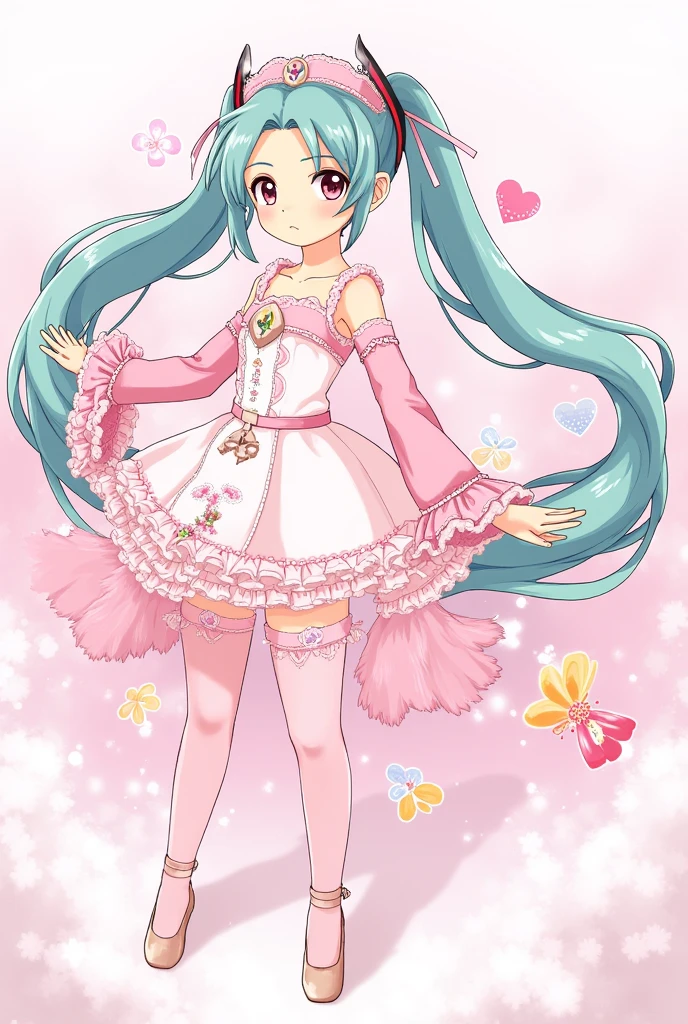 (masterpiece、Best Quality、Best Quality、 OFFICIAL ART、 beautiful and beautiful :1.2)、( one girl :1.3) Hatsune Miku、 twin tails,Beautiful breasts, 1 girl, , ( flat color:1.3), Clear, vivid
BREAK 
, Girly Style,  lace dress,  Pastel, Floral print,  High Waist Skirt,   Ballet Shoes  ,   delicate accessory 