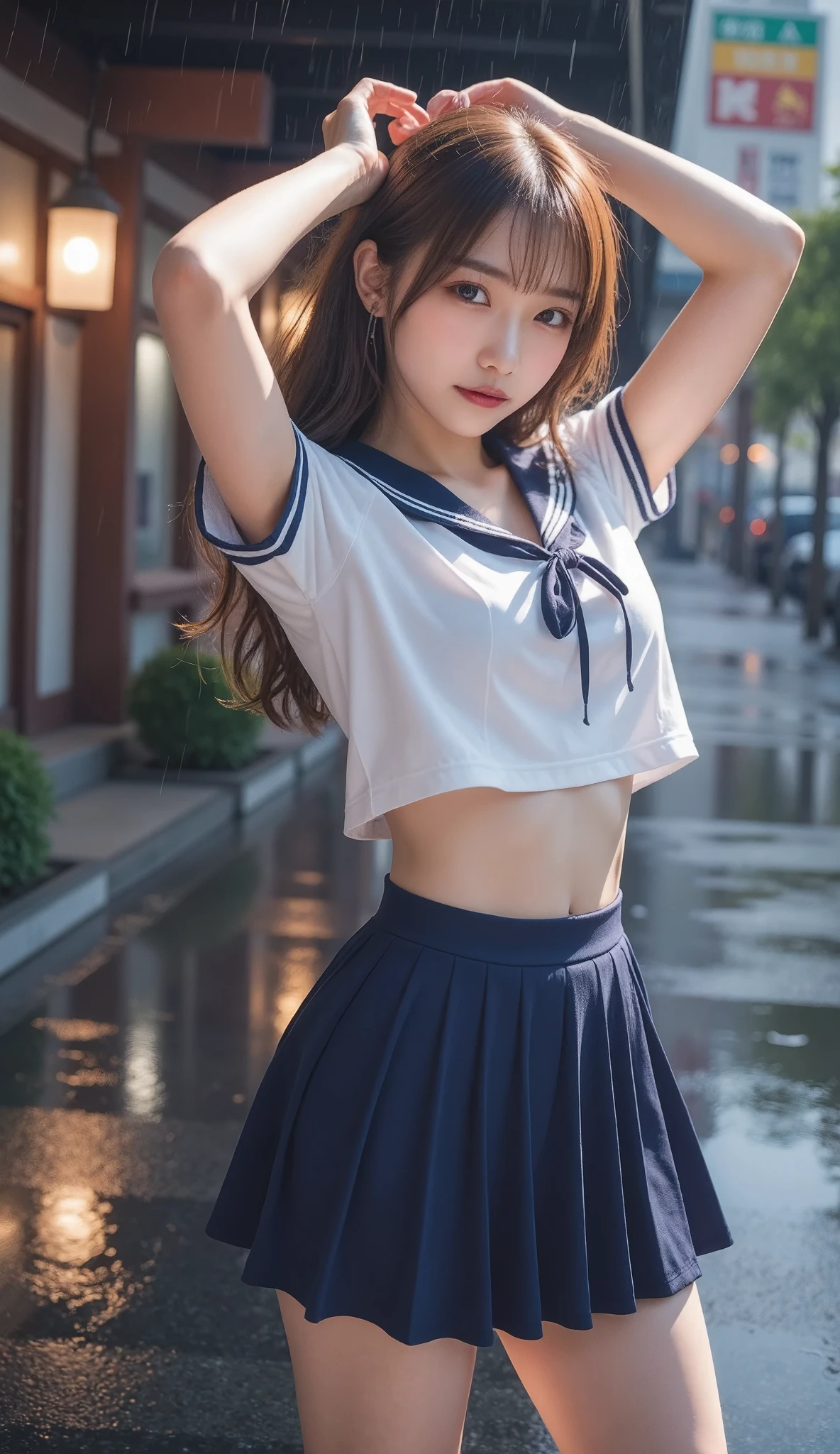 Beautiful Japanese girl , Cowboy Shooting:1.331, raise both arms, armpits, Front View:1.331, (Best Quality:1.4), 32k high resolution UHD , (masterpiece:1.2), Highly detailed live action , (Realistic, 超Realistic:1.4), in a large asphalt paved parking lot , famous beautiful Japanese idol , detail face , Facial beauty, symmetrical eyes, very beautiful eyes , Sena super sexy , Perfect composition, Proper placement, Golden Ratio, Rainy dusk , Heavy rain outside , Guerrilla rainstorm, large typhoon , Thunderstorm , A beautiful Japanese woman with big breasts about the same as the pale light shining through the clouds , On the city streets, like :1.331, has a small head :1.331, Slender body:1.331, thin waist:1.331, Thin limbs:1.331, flat chest:1.331, Japanese high school sailor suit :1.21, Short sleeve clothing, white short sleeve sailor suit :1.21, sera fuku:1.21, Navy Blue Miniskirt , barefoot, I can see her belly button , Brown Hair, wavy hair in front of the station :1.21, Beautiful hair swaying in the wind ,