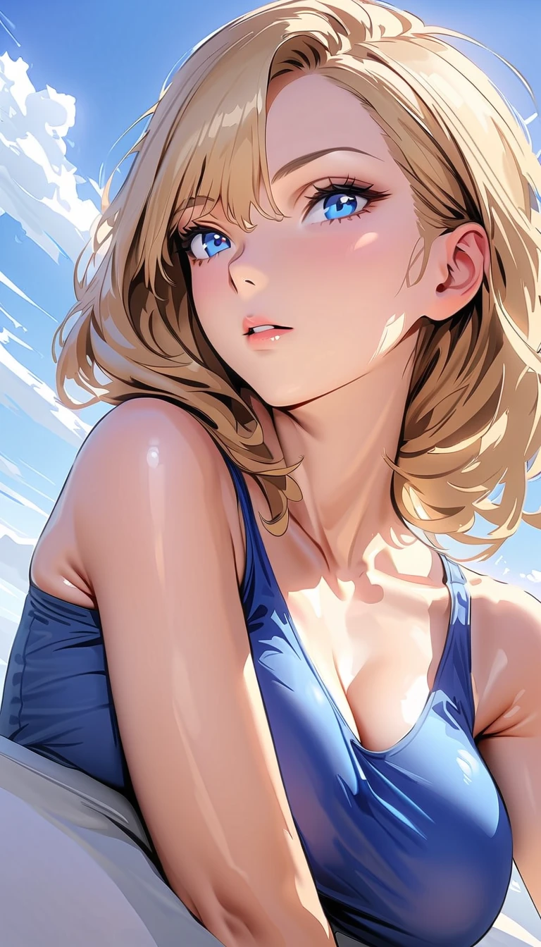 masterpiece , modern, Verism, masterpiece, super detail, best quality, 4K ,((Adult face)), ((angle from below:1.0)), Standing American woman, Fullbody, Wearing a Blue Tank tops&White panties, Mature woman, Blond hair, beautiful blue eye
