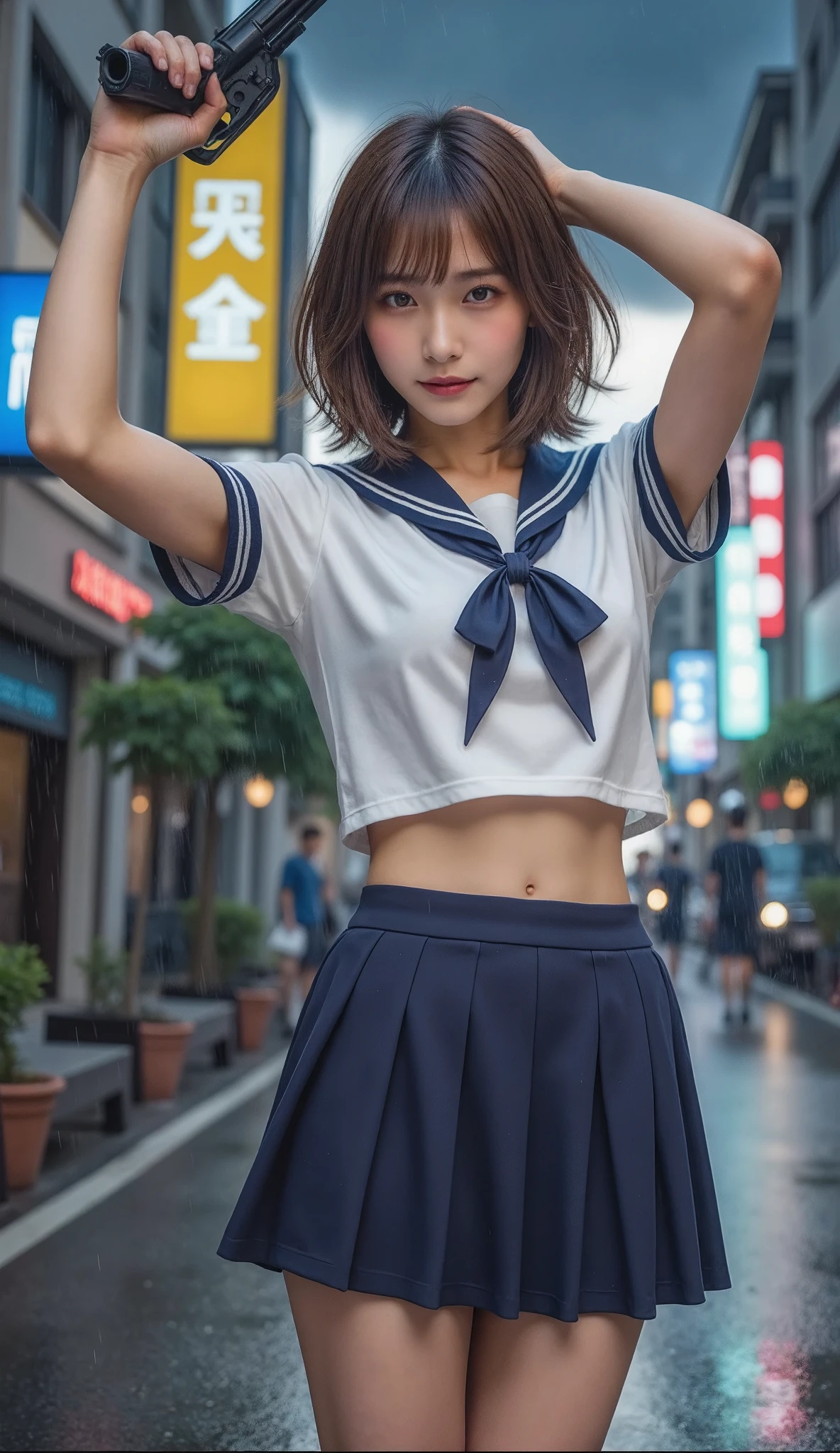 Beautiful Japanese girl , Cowboy Shooting:1.331, raise both arms, armpits, Front View:1.331, (Best Quality:1.4), 32k high resolution UHD , (masterpiece:1.2), Highly detailed live action , (Realistic, 超Realistic:1.4), in a large asphalt paved parking lot , famous beautiful Japanese idol , detail face , Facial beauty, symmetrical eyes, very beautiful eyes , Sena super sexy , Perfect composition, Proper placement, Golden Ratio, Rainy dusk , Heavy rain outside , Guerrilla rainstorm, large typhoon , Thunderstorm , A beautiful Japanese woman with big breasts about the same as the pale light shining through the clouds , On the city streets, like :1.331, has a small head :1.331, Slender body:1.331, thin waist:1.331, Thin limbs:1.331, flat chest:1.331, Japanese high school sailor suit :1.21, Short sleeve clothing, white short sleeve sailor suit :1.21, sera fuku:1.21, Navy Blue Miniskirt , barefoot, I can see her belly button , Brown Hair, wavy hair in front of the station :1.21, Beautiful hair swaying in the wind ,