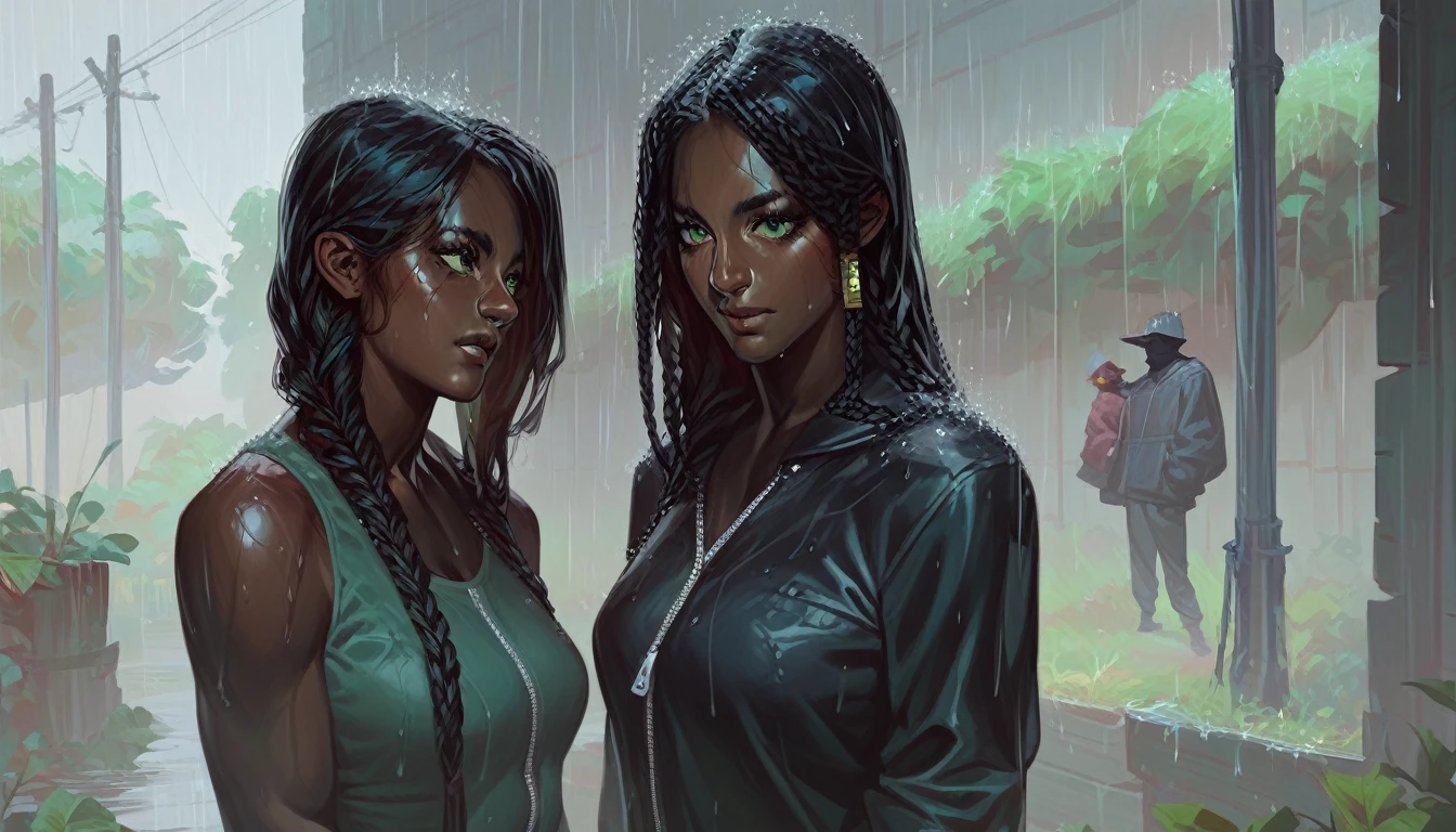 Dark skinned woman. Wearing a  sweatshirt. Black pants. Long braided hair. Green eyes. In the rain. She is being napped by three men