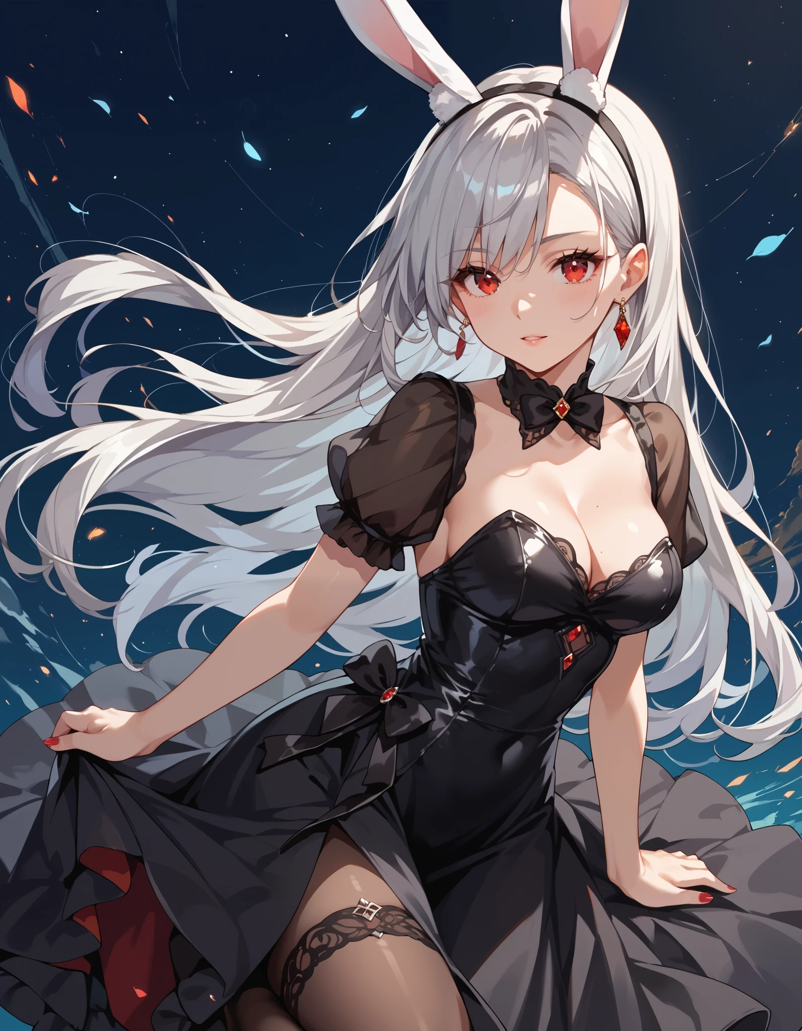 score_9, score_8_up, score_7_up, source_anime, solo, 1girl, silver hair, rabbit ears, red eyes, black dress