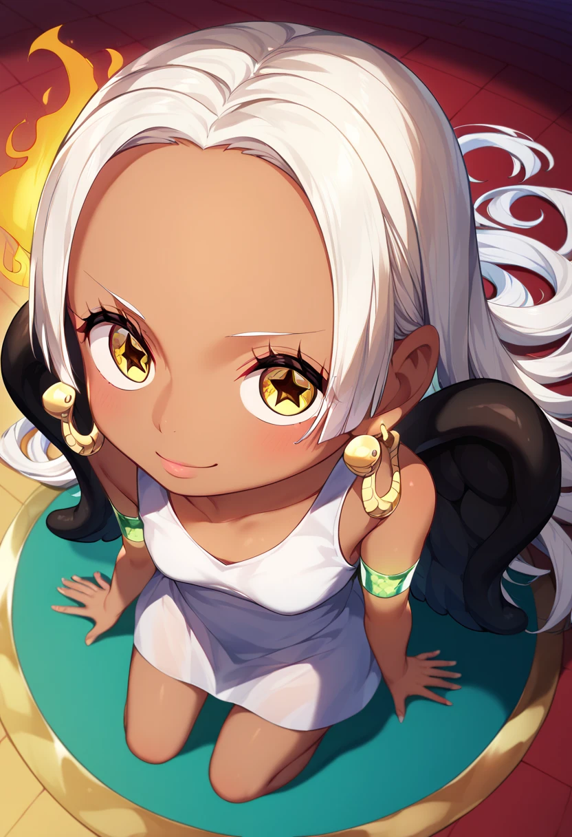 UHD, retina, textured skin, high details, high quality, best quality,  highres icon, 1080P, HD, 16k、1 Girl,Earthsnake , Long Hair, white hair, Brown Skin、,  earrings for a woman alone, Yellow Eyes, symbol-shaped pupils,  black wings  ,  small breasts.  sundress,  white dress,  sleeveless, armlet、 cute、Flames on the back、flat chest、full body、looking up、from above、squatting、 cute、 sexy