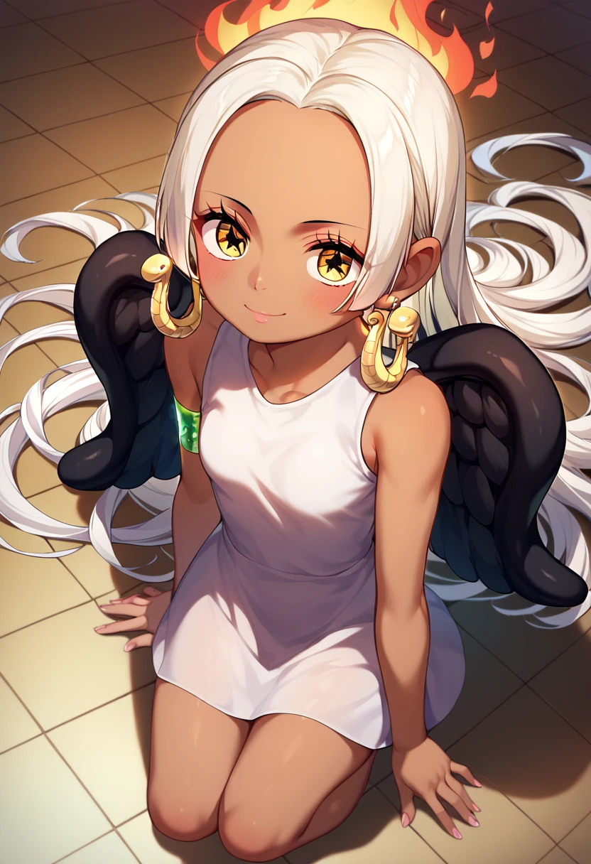 UHD, retina, textured skin, high details, high quality, best quality,  highres icon, 1080P, HD, 16k、1 Girl,Earthsnake , Long Hair, white hair, Brown Skin、,  earrings for a woman alone, Yellow Eyes, symbol-shaped pupils,  black wings  ,  small breasts.  sundress,  white dress,  sleeveless, armlet、 cute、Flames on the back、flat chest、full body、looking up、from above、squatting、 cute、 sexy