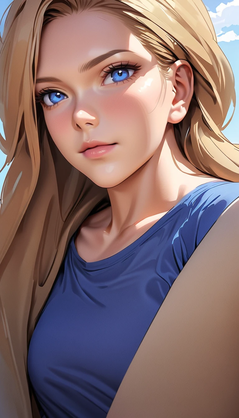 masterpiece , modern, Verism, masterpiece, super detail, best quality, 4K ,((Adult face)), ((angle from below:1.0)), Standing American woman, Fullbody, Wearing a Blue Tank tops&White panties, Mature woman, Blond hair, beautiful blue eye
