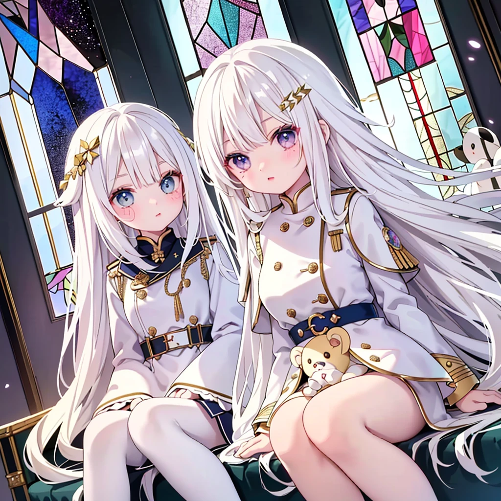 １ girls sitting in a mirror ,Handsome face、Baby Face、The best composition、Golden Ratio、(Chibi:1.15),Milky white hair color、( Smooth Long Hair :1.2),( colorful and glamorous atmosphere like stained glass :1.25),(Outfits inspired by military uniforms :1.25),（Cute stuffed animal:1.3),