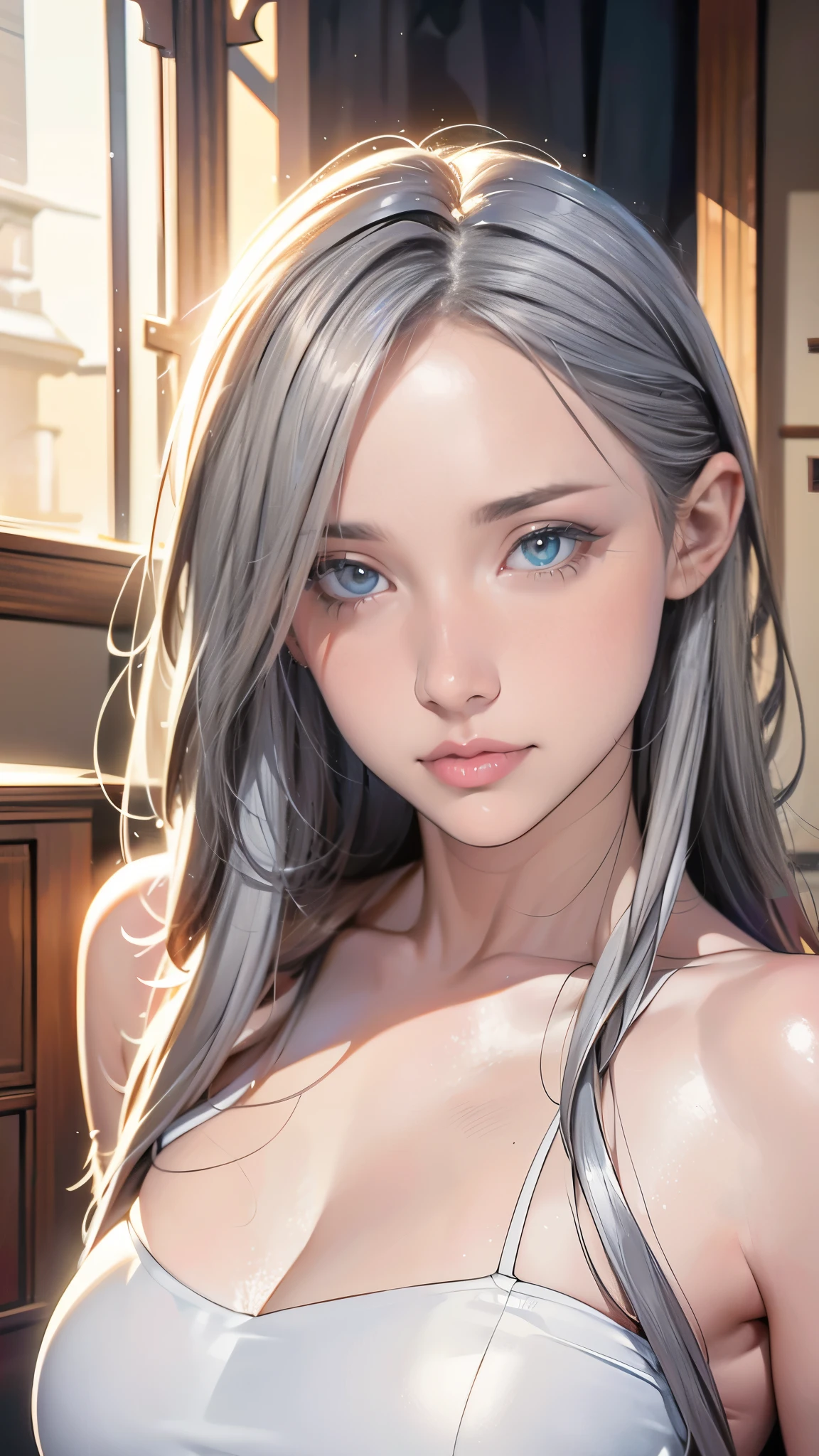 full body, a beautiful woman with insightful eyes, long flowing hair, silver hair, gray eyes, porcelain white face, soft and shiny skin, 1girl, detailed face, extremely detailed eyes and face, high quality, detailed illustration, digital art, cinematic lighting, masterpiece, photorealistic, ultra-detailed, vibrant colors, dramatic lighting