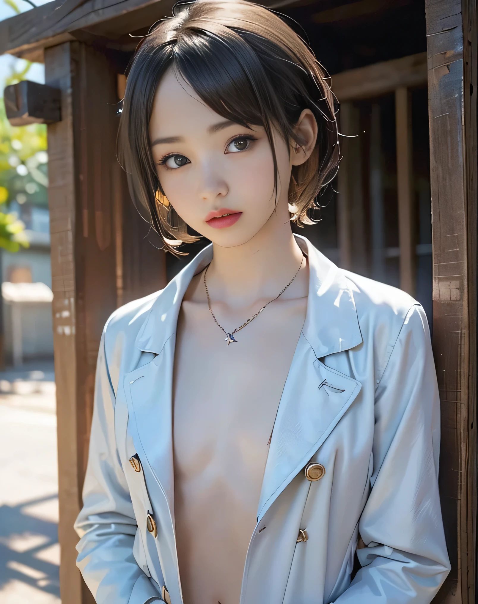 (Realistic:2.0),(High resolution:1.5),(1girl:1.5),(solo:1.5),(Teenager:1.3),(young:1.3),(looking at the viewer),Small face,(Flat chest:1.8),(Very Small Tits),short bob hair,bangs:1.2,(large eyes),(Realistic eyes),(Naked Coat),(outdoor:1.2),Simple Necklace,