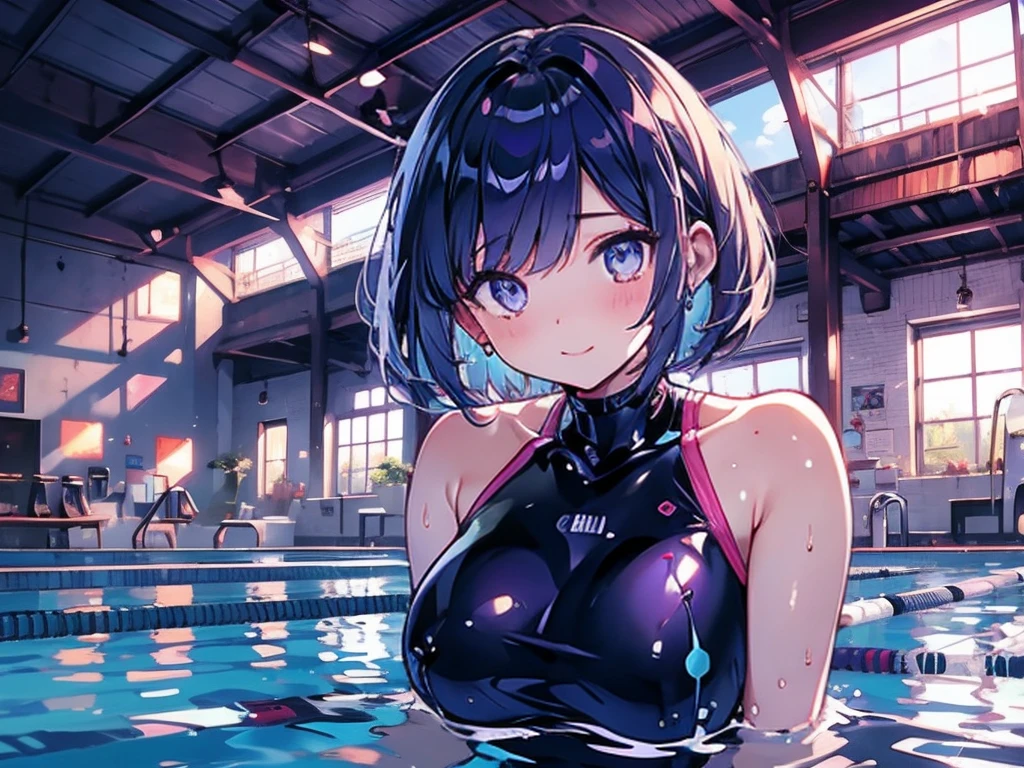 Super detailed,(masterpiece)、(Best Quality)、 1.   preserves a highly detailed face ,  bob cut from the front,    blue hair ,   big breasts at the temple,Narrow eyes,   purple  ,Large indoor pool in the morning,8k,    young woman  ,solid color one-piece gym wear,Swimming