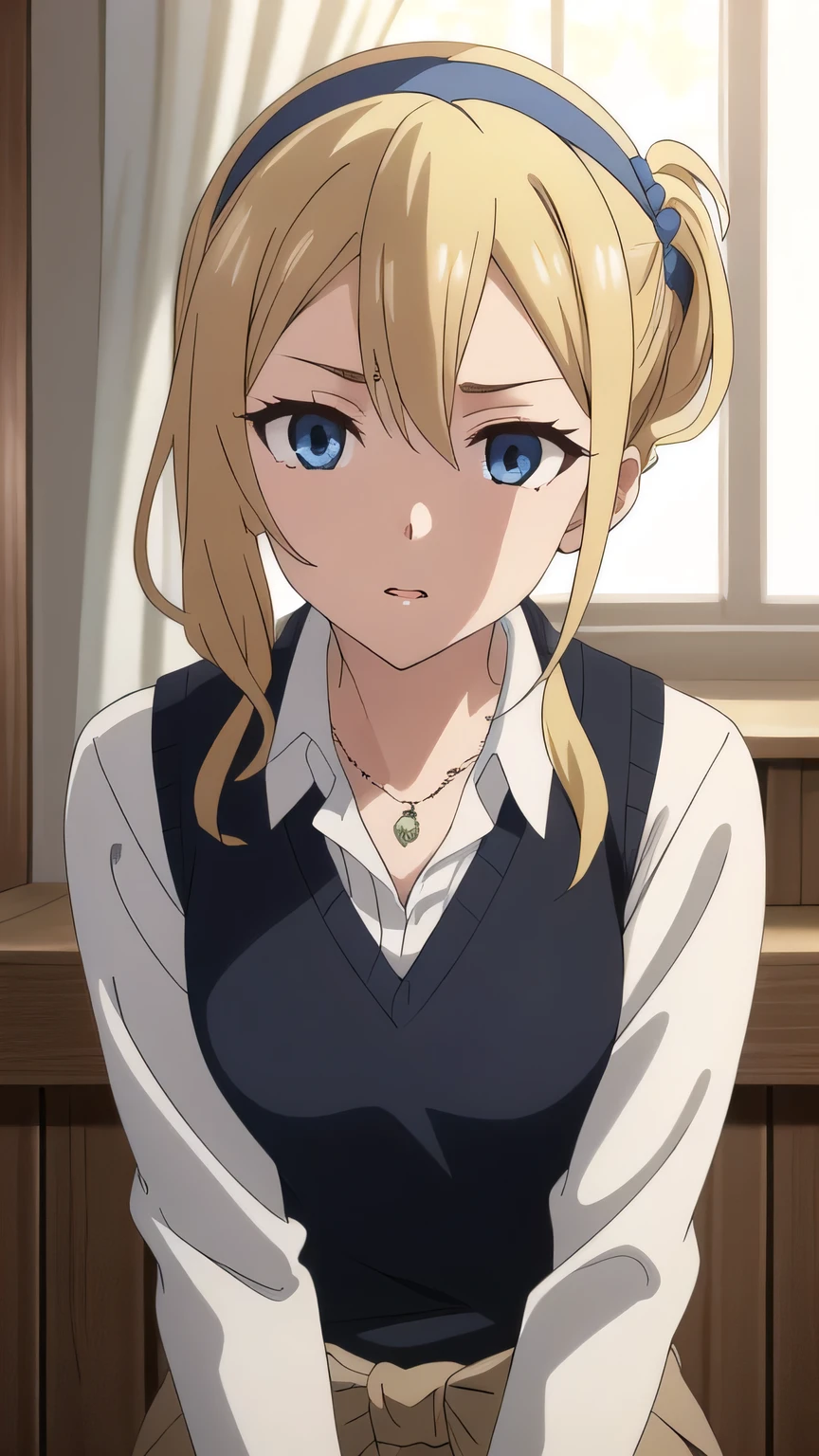 Hayasaka,blond,  blue eyes,hair Hair band, Side Ponytail, Hair band,   1 girl at home, alone, Eyebrow hair, Vermilion college uniform , shirt,  looks at the audience, , indoor, collared shirt, white shirt, curtain,  upper body, Shut up, necklace,  bangs,  alone focus, Jewelry, sweater,Side lock,   alone, Long hair, Cardigan, , beautiful visual effects ,
 beautiful  Finger, beautiful  long legs, beautiful 体, beautiful  character design,  perfect eyes , 完璧なface, expressive eyes ,  looks at the audience,  appears on the knee , sexy position, Located in the center of the image ,  Official Art , HD CG Unity , Perfect Light Up, Bright_forward_Face_Light Up, (Desktop:1.0),(Highest_quaLight Upy:1.0),4K,  super detailed ,  photo , 8k, nffsw,  high resolution , Absurd:1.2,  portrait of Kodak 400 , Film Grain,  lens flare during the day, (lively_color:1.2) ( beautiful , medium bust:1.4), ( beautiful _Face:1.3),(["Narrow_waist),
