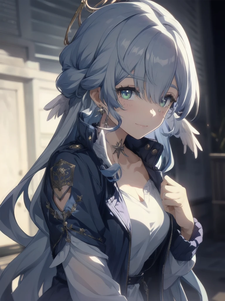 (masterpiece, top quality, best quality, official art, beautiful and aesthetic:1.2),(8k, best quality, masterpiece:1.2), (((masterpiece))),(((best quality))),(((extremely detailed))),illustration, who, (masterpiece, top quality, best quality, official art, beautiful and aesthetic:1.2),(8k, best quality, masterpiece:1.2), ((masterpiece, best quality)), robin,1girl,(blue hair:1.0),bare shoulders, halo, white gloves, earrings, high quality, purple dress, detached sleeves, collarbone, 1girl, robin, halo, white background, bangs, simple background, long sleeves, full body, scho skirt, from side, one knee, school uniform, thigh strap, pink eyes, breasts, jacket, shirt, straight hair, black jacket, parted lips, looking to the side,, cowboy shot, singing, music, reaching towards viewer, hand on own chest, smile, foreshortening,