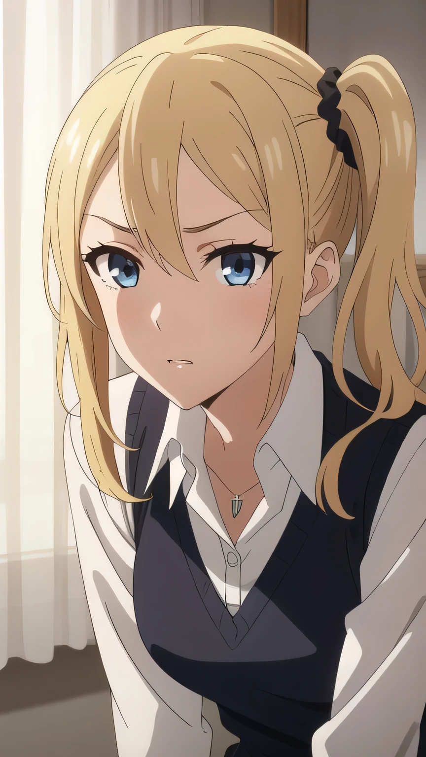 Hayasaka,blond,  blue eyes,hair Hair band, Side Ponytail, Hair band,   1 girl at home, alone, Eyebrow hair, Vermilion college uniform , shirt,  looks at the audience, , indoor, collared shirt, white shirt, curtain,  upper body, Shut up, necklace,  bangs,  alone focus, Jewelry, sweater,Side lock,   alone, Long hair, Cardigan, , beautiful visual effects ,
 beautiful  Finger, beautiful  long legs, beautiful 体, beautiful  character design,  perfect eyes , 完璧なface, expressive eyes ,  looks at the audience,  appears on the knee , sexy position, Located in the center of the image ,  Official Art , HD CG Unity , Perfect Light Up, Bright_forward_Face_Light Up, (Desktop:1.0),(Highest_quaLight Upy:1.0),4K,  super detailed ,  photo , 8k, nffsw,  high resolution , Absurd:1.2,  portrait of Kodak 400 , Film Grain,  lens flare during the day, (lively_color:1.2) ( beautiful , medium bust:1.4), ( beautiful _Face:1.3),(["Narrow_waist),
