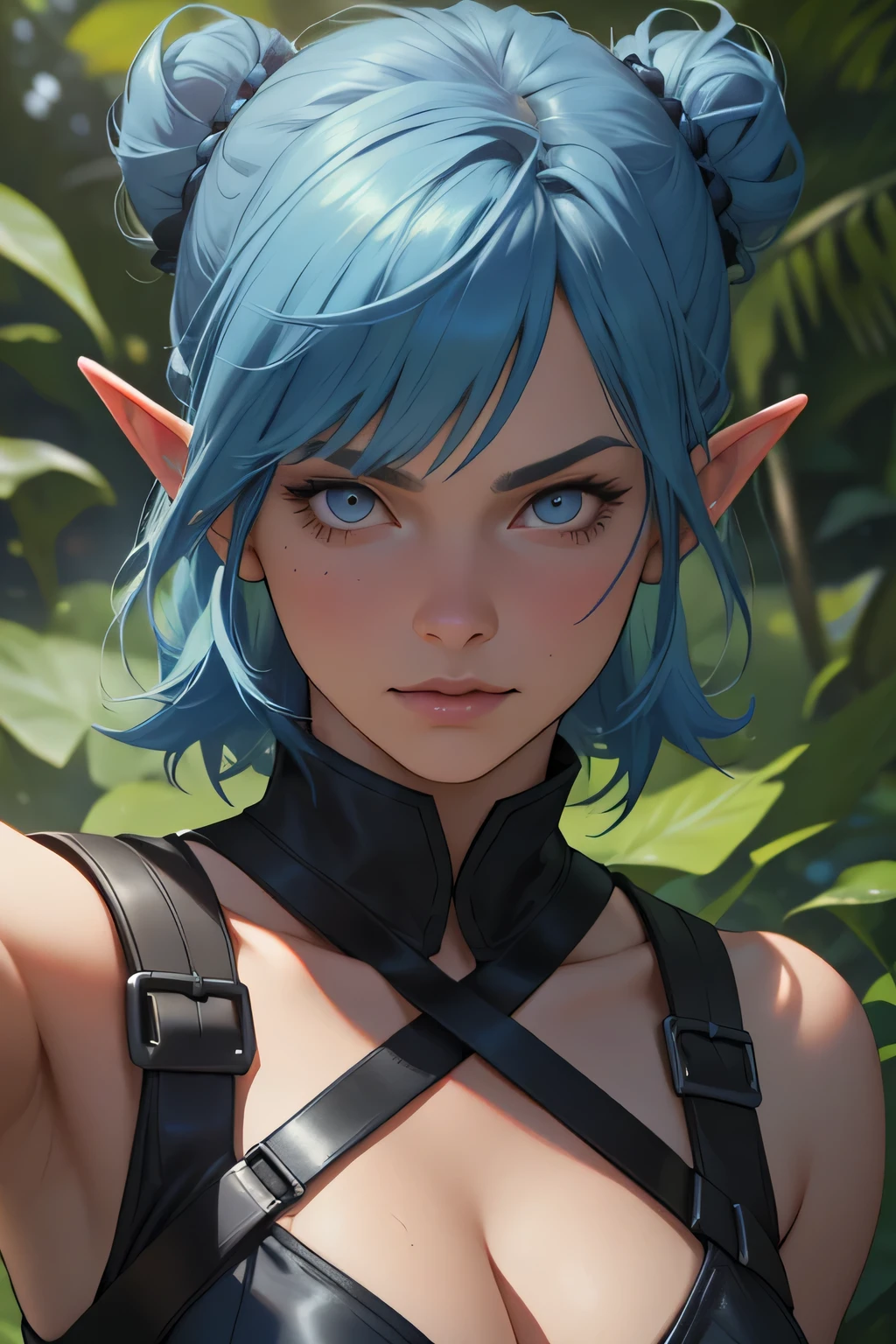 a beautiful elf girl training, short brown hair, double bun hairstyle, blunt bangs, blue eyes, hair ornament, detailed face, elegant pose, mystical forest background, cinematic lighting, (best quality,4k,8k,highres,masterpiece:1.2),ultra-detailed,(realistic,photorealistic,photo-realistic:1.37),fantasy,concept art there is a woman with blue hair taking a selfie, short blue hair, with blue hair, blue short hair, short blue hair!!!, messy blue hair, halfbody headshot, blue hairs, blue hair, short blue haired woman, chloe price, sky blue highlights in hair, cyberpunk dyed haircut, flowing blue hair, brown hair with light blue ends, blue and black, LAUFEN, SHORT HAIR, DOUBLE BUN, BLUNT BANGS, Best quality, masterpiece, ultra high res, (photorealistic:1.5), raw photo, 1girl, offshoulder, in the dark, deep shadow, low key, cold light, sexy look, white hair, short wavy hair, purple eyes, light smile, (large breasts: 1.2), white oversized t-shirt, elf girl, elf ears score_9, score_8_up, score_7_up, woman, simple background, dark background, green eyes, gorgeous, elf, fur outfit, black viking outfit, pale skin, solo, dark blue heavy armour, dark blue medieval armour, dark blue chainmail, mythril armour, elven ornaments, fur cloak, standing up straight, calm face, runic tattoos, silver hair, closed mouth, cowboy shot