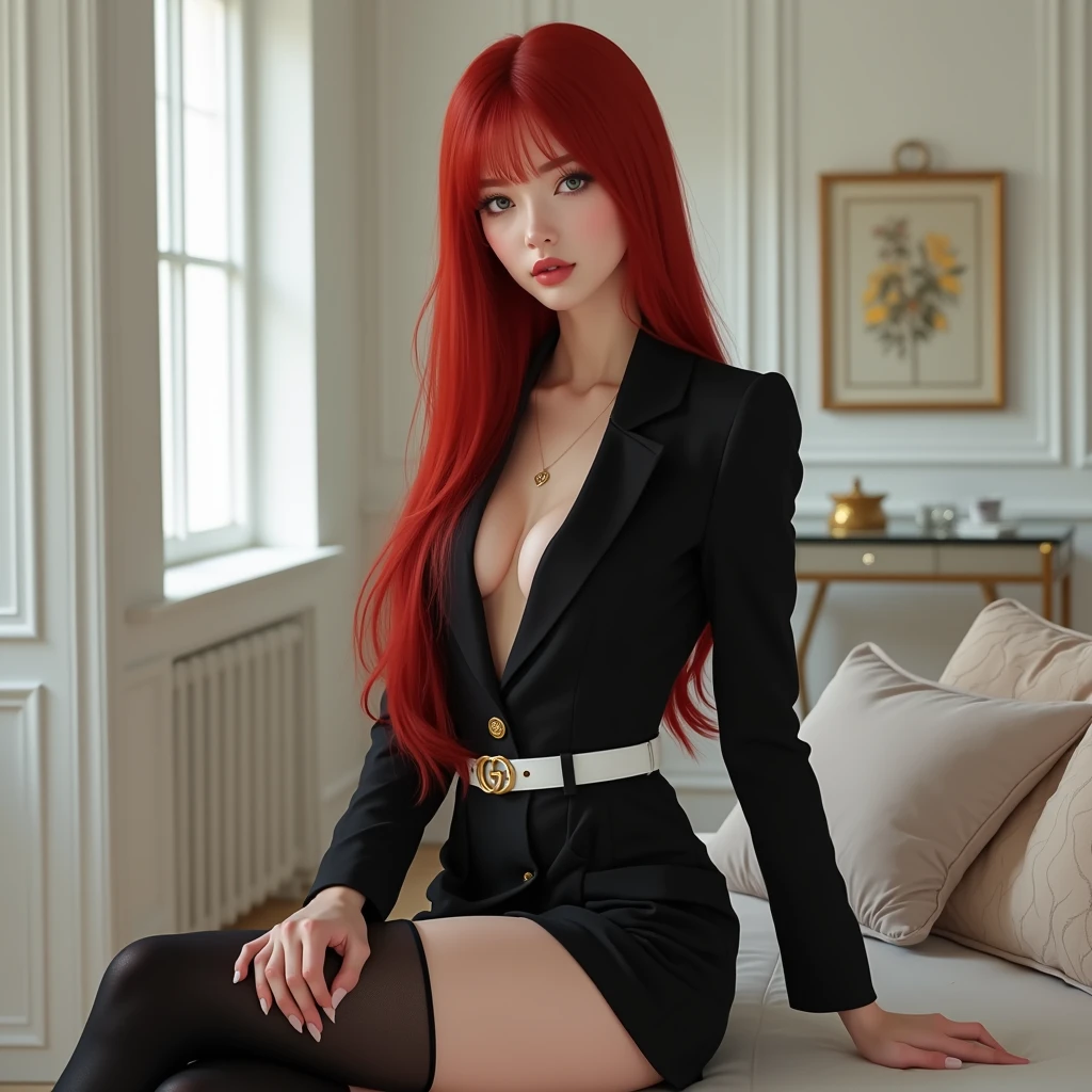 pirate suit, arafed asian woman in a skirt posing for a picture, jaeyeon nam, gorgeous young korean woman, beautiful south korean woman, korean girl, beautiful young korean woman, korean woman, heonhwa choe, korean women's fashion model, sexy look, big breast, light red hair, sexy pose, show breast