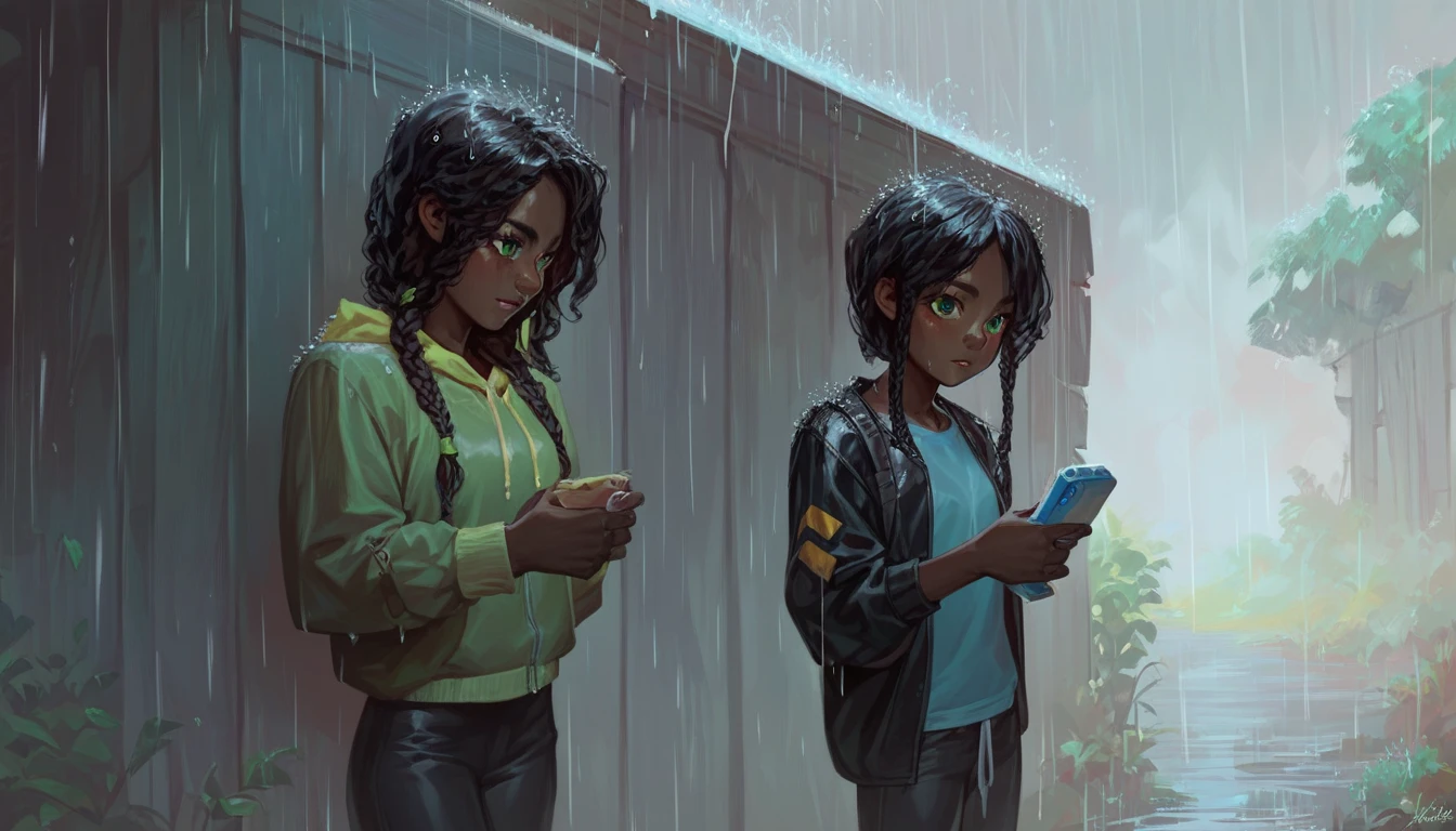 Dark skinned woman. Young Wearing a  sweatshirt. Black pants. Long braided hair. Green eyes. In the rain. 