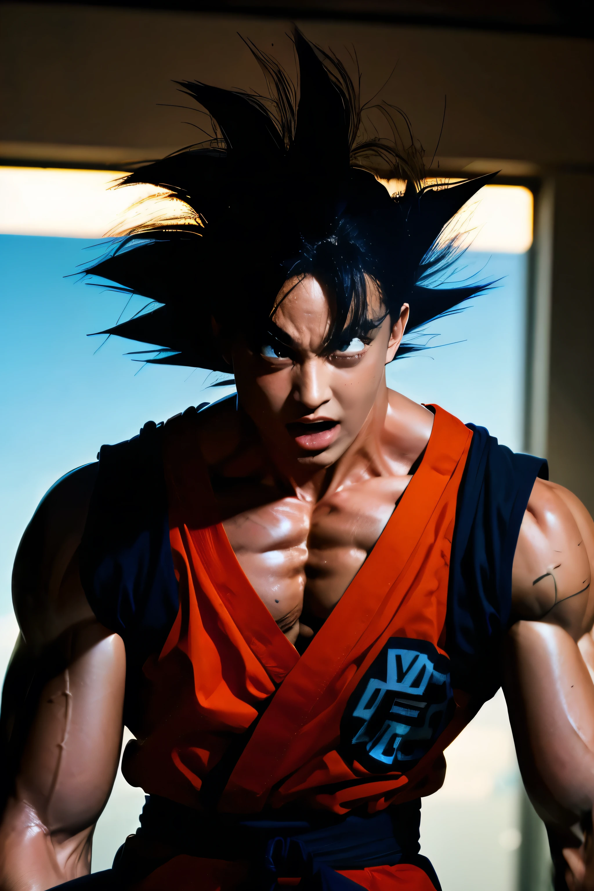 "A highly realistic portrait of a character inspired by Goku, portrayed as a muscular, athletic man in his late 20s with strong facial features and spiky, slightly messy black hair with subtle blue highlights. His expression is intense but calm, with piercing dark eyes and a focused gaze. Wearing a rugged orange and blue outfit, styled like a martial artist's gi, slightly weathered to show wear from intense training. His skin tone is a warm tan, with slight sweat and dirt detailing on his face and arms for realism. The scene has dramatic, natural lighting with a sunset glow casting soft shadows, highlighting the contours of his muscular physique and emphasizing the depth of the character's features. Shot with a cinematic, high-definition lens, achieving hyper-realistic texture and depth."
