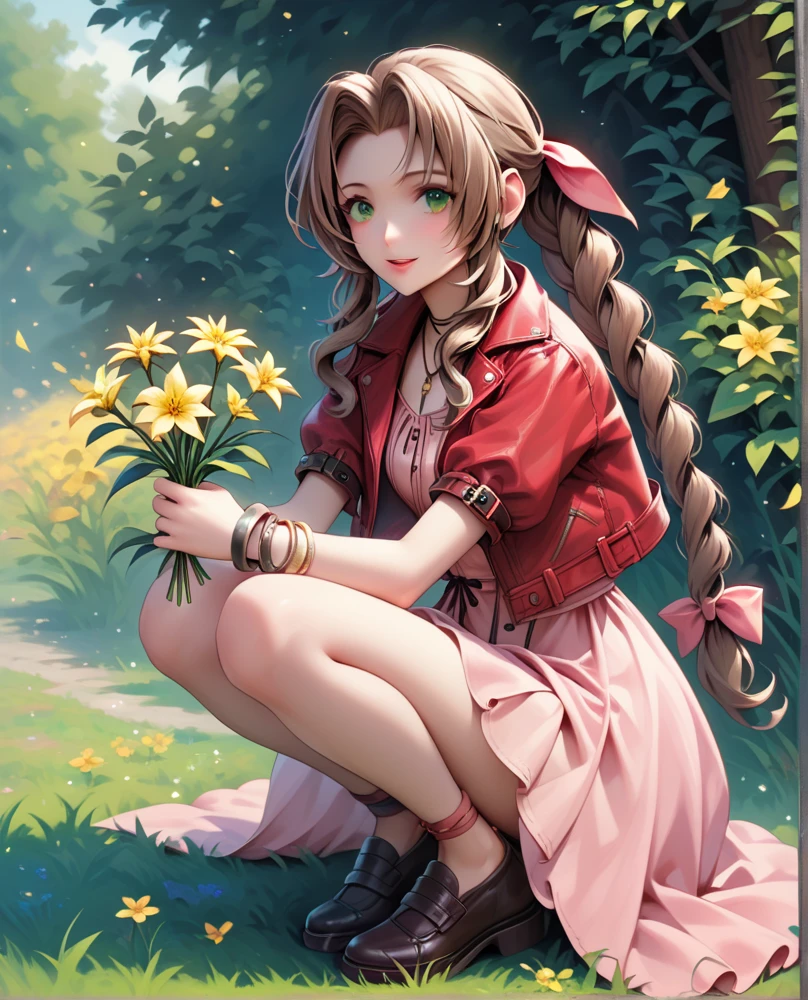 score_9, score_8_up, score_7_up, score_6_up, 1girl, solo, long hair, looking at viewer, smile, bangs, brown hair, dress, bow, ribbon, holding, jewelry, green eyes, jacket, full body, hair ribbon, braid, flower, short sleeves, hair bow, sidelocks, outdoors, parted lips, bracelet, parted bangs, squatting, grass, pink bow, pink dress, red jacket, cropped jacket, braided ponytail, yellow flower, long dress, holding flower, aerith gainsborough
