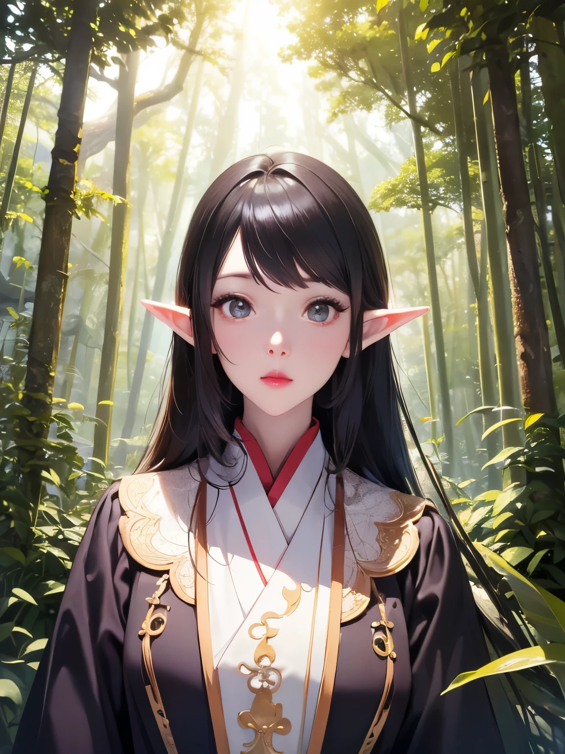 ,Good figure, Closeup , emphasizes body curves ,Clear facial features, Details of the faces and divine bows of famous characters ,The overall style is dreamy, The background is an ancient forest , tall and dense trees , the sun shines through the leaves, casting mottled light and shadows , with various fantastic plants and small animals around ,Add sci-fi elements, futuristic light source and device ,Close-up composition, focuses on the elves' facial features 、 body curves and divine bows , bokeh , creates a strong visual impact ,The overall style is dreamy, Reference Johannes Vermeer's light treatment and delicate depiction style, and incorporates fantastic visual elements ,Picture aspect ratio 16 :9,Highest quality images, Delicate lighting effects and high-resolution details , with beautiful Oriental characters in the real world 。whole body,Take a bow