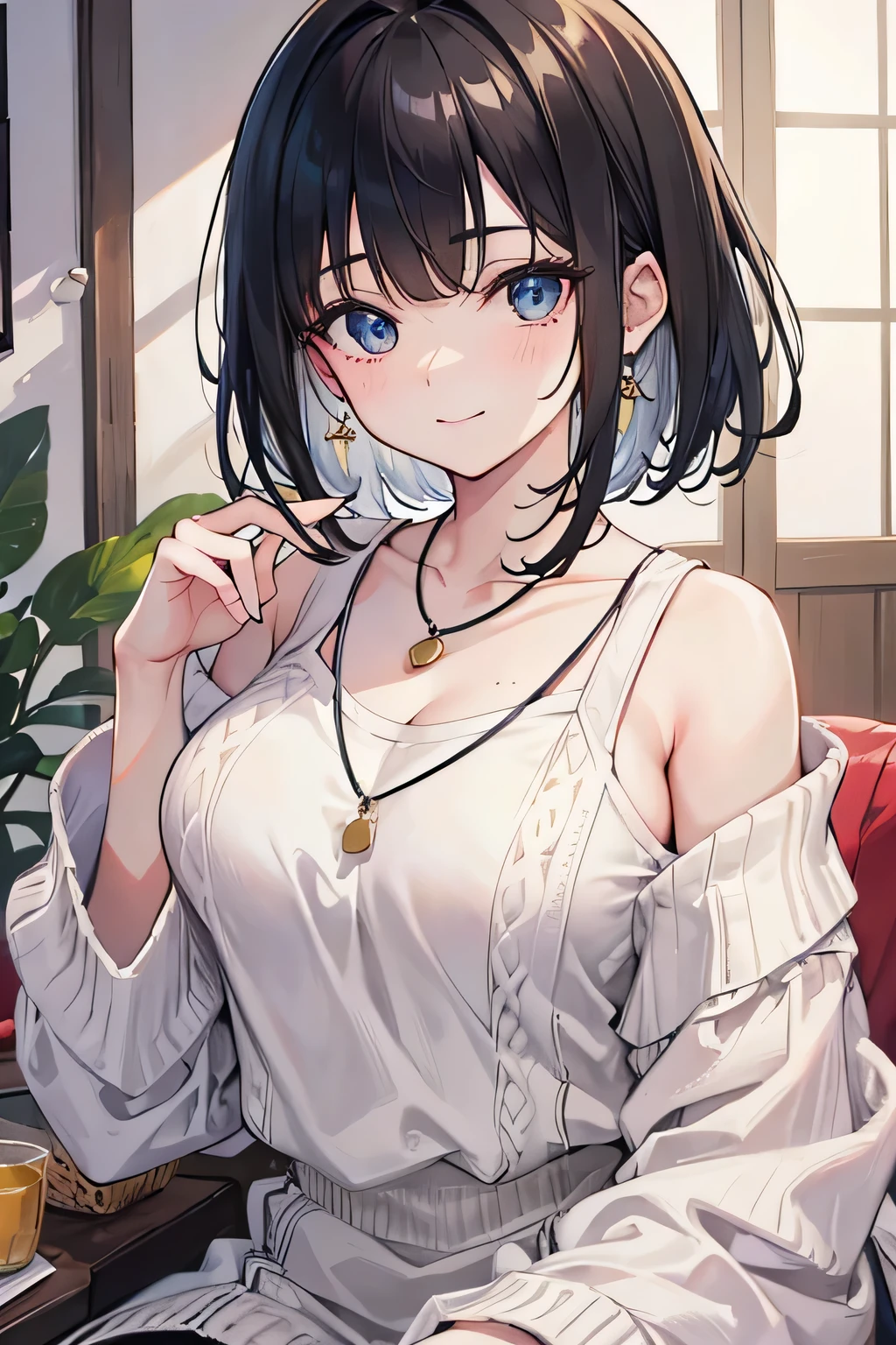 A beautiful and sweet sister,Fragrant, soft, sweet and sticky,Cream white sweater,White Silk,necklace,Black Hair,pretty,White and tender,Glossy