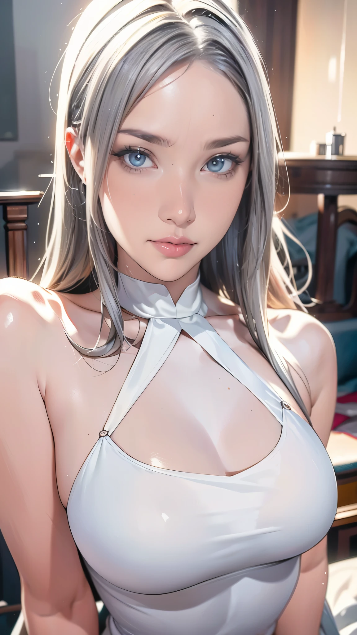 full body, a beautiful woman with insightful eyes, long flowing hair, silver hair, gray eyes, porcelain white face, soft and shiny skin, 1girl, detailed face, extremely detailed eyes and face, high quality, detailed illustration, digital art, cinematic lighting, masterpiece, photorealistic, ultra-detailed, vibrant colors, dramatic lighting