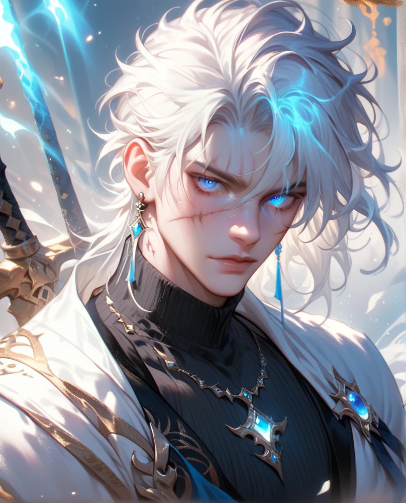 score_9, score_8_up, score_7_up, score_6_up, solo, looking at viewer, blue eyes, 1boy, jewelry, closed mouth, white hair, male focus, necklace, glowing, scar, portrait, scar on face, glowing eye
