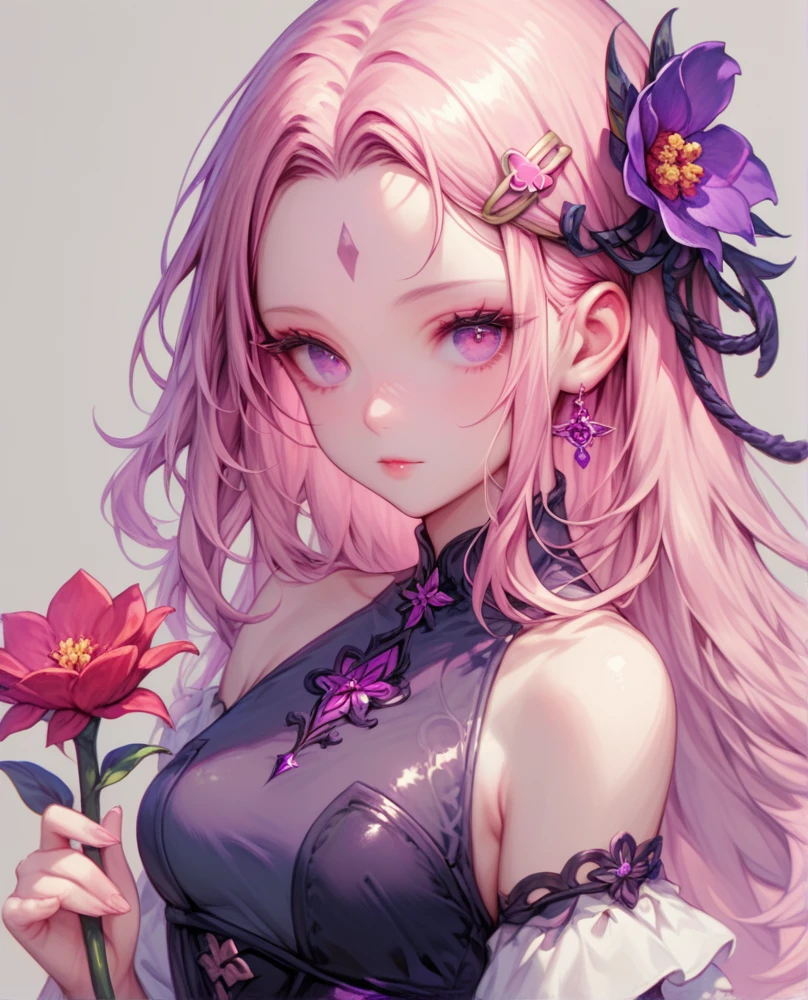 score_9, score_8_up, 1girl, solo, long hair, breasts, looking at viewer, simple background, hair ornament, dress, holding, bare shoulders, purple eyes, upper body, pink hair, flower, small breasts, hairclip, pink eyes, grey background, red flower, forehead, purple flower, holding flower
