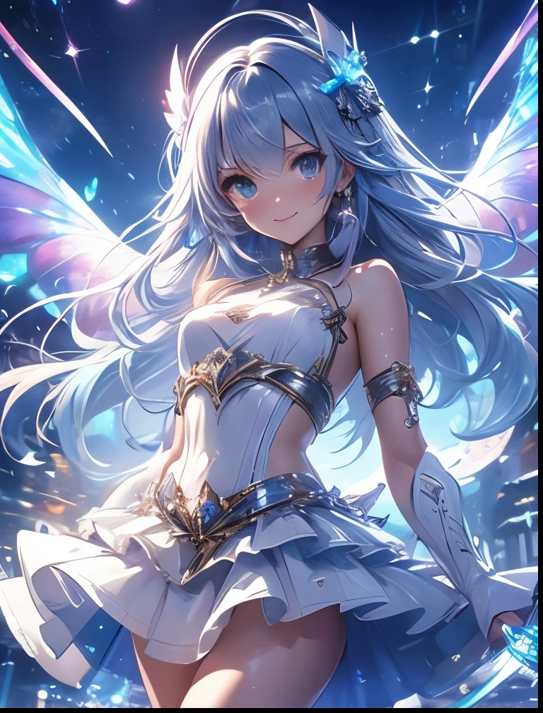 (Chibi: 1.2), (Masterpiece: 1.4), (Best Quality: 1.4), (Very cute angel girl, super detailed face, jewel-like eyes, white very long hair, colorful gradient hair: 1.4), (Angel Ring:
1.4), (Angel Wings: 1.4), (Full body, 2 perfect arms, 2 perfect legs: 1.4), light, glow, mini characters, advanced digital chibi art, cute 3D rendering, anime style,