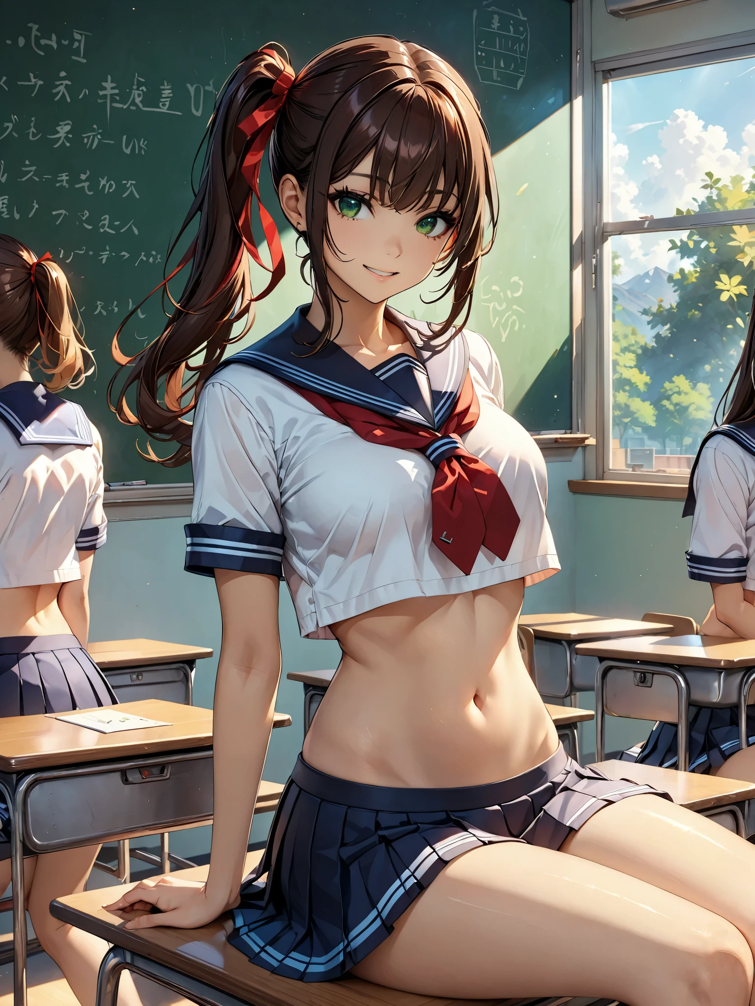 masterpiece, best quality, very aesthetic, Detailed CG illustration, 1girl, JK, detailed green eyes, tareme, half opened mouth, smile, dark brown hair, silky hair, hair pulled back:,side ponytail, contrapposto, sitting on the desk, (with legs together, hands behind back, navel, Captivating thighs, knee, classroom, crop top white shirt, sailor suit, pleated skirt, red ribbon tie, front view