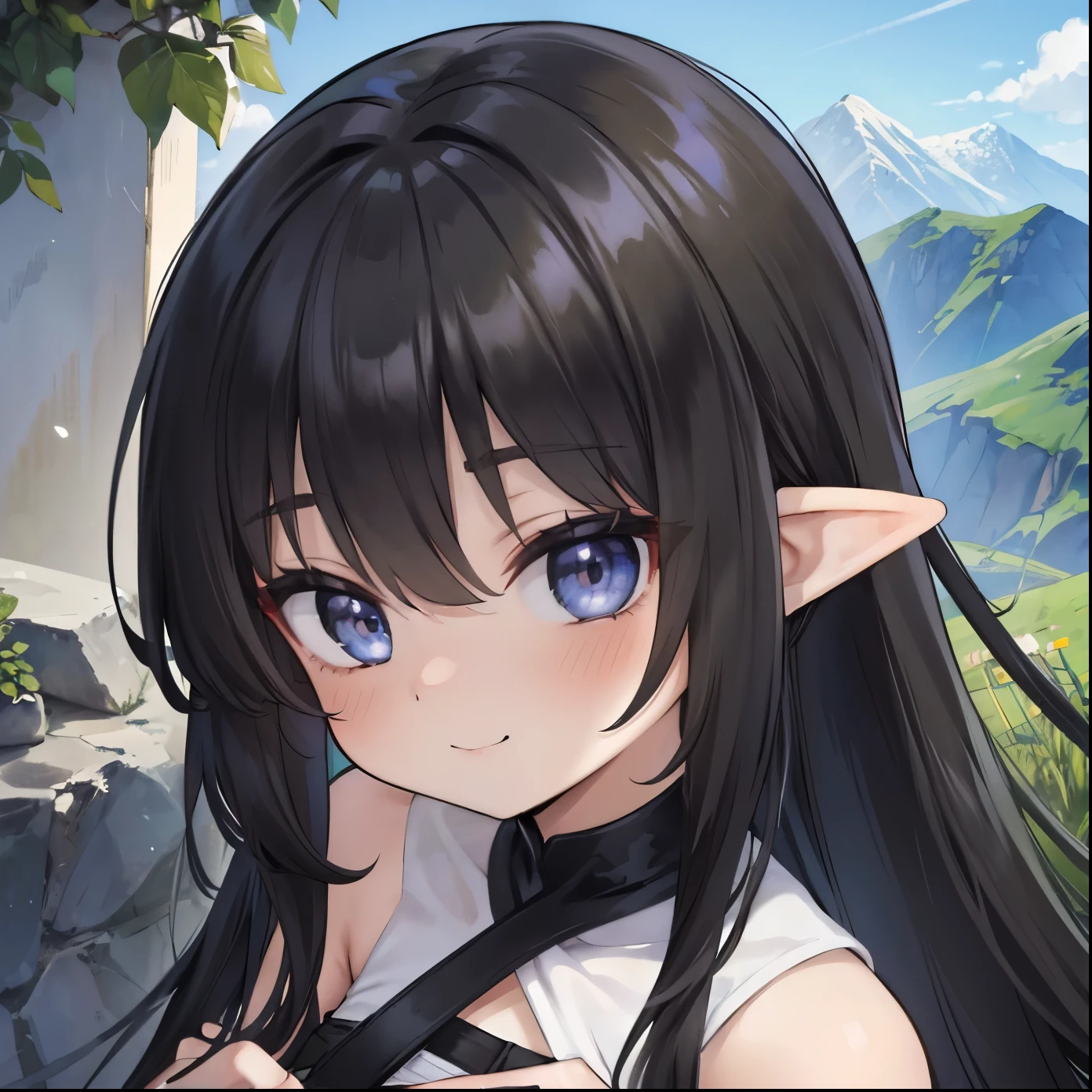 8K,(masterpiece),high resolution,best quality,(ultra-detailed),ultra detailed eyes,girl is elf,(black color hair:1.1),(inner hair color is white:1.5),BREAK,(light smile,earth eyes,long hair,elf ear,fair skin),(wear Climbing outfits:1.1),(your Hands on head:1.3), binoculars,mountain
