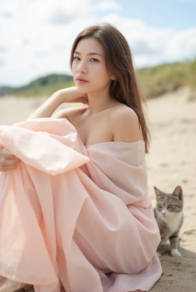 Masterpiece, an Asian women model pose Turn away side of face light leak soft focus blur background sitting on the beach windy pastel cloth dress and a cuties cat,