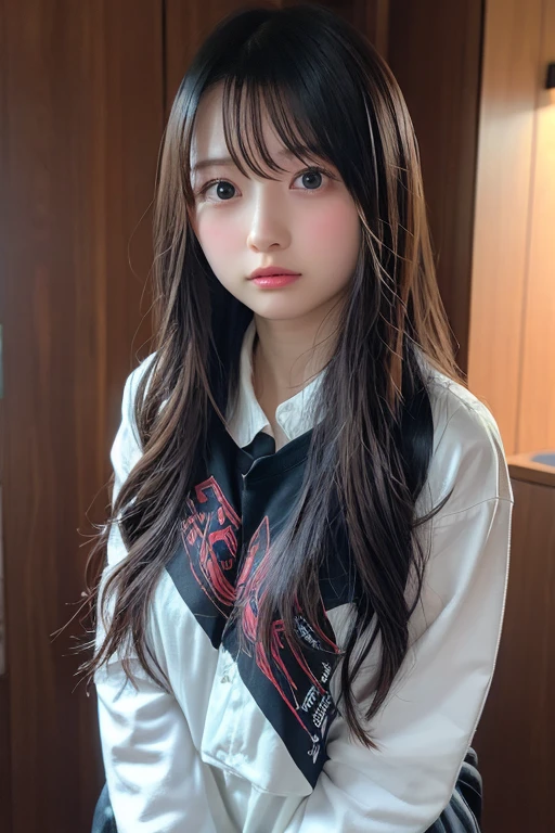 ((highest quality、(NSFW、((camel toe))、highest quality、masterpiece、Super high resolution、8K、highest quality、Drawn details)、(I photographed the whole body、stand)、(tilt one's head)、Photographed from a side angle、17-year-old high school girl、very beautiful shape、Dark blue blazer uniform、dark blue mini skirt、white shirt、ribbon tie、Beautiful girl with black hair、black short hair、Secure your hair with white hairpins、Show ears、