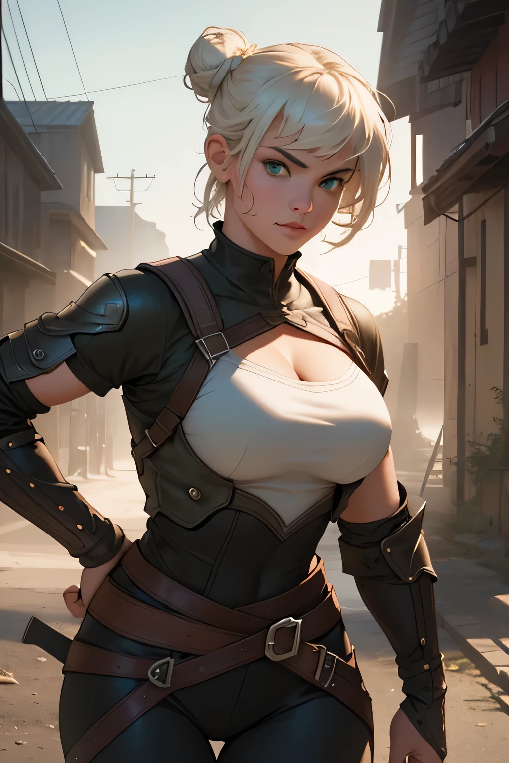 masterpiece, highres, photorealistic, real, Real photo, best quality, 8k, best quality, realistic, ultra-detailed, perfect lighting, cinematic lighting, warm light, female, solo, looking at viewer, , ultra detailed skin, ciri_, medieval, outdoors, cleavage, longsword, green eyes, long hair masterpiece, highres, photorealistic, real, Real photo, best quality, 8k, best quality, realistic, ultra-detailed, perfect lighting, cinematic lighting, warm light, female, solo, action pose, stand pose, epic pose, LAUFEN, SHORT HAIR, DOUBLE BUN, BLUNT BANGS