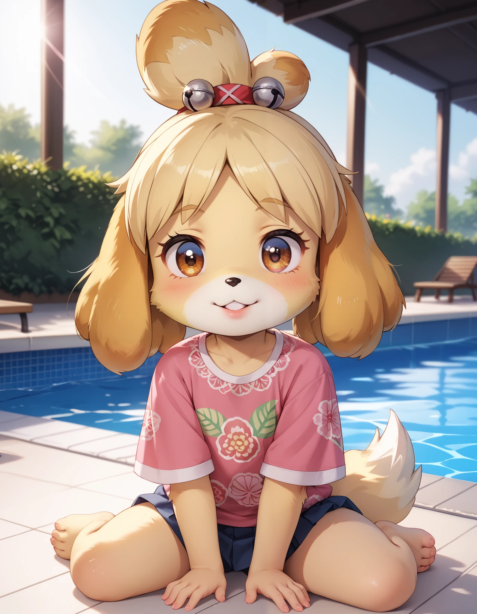 uploaded on e621, ((by Pino Daeni, by Ruan Jia, by Fumiko, by Levelviolet, by Supplesee)), kemono, dagasi, solo female isabelle \(animal crossing\) in animal form with tiny and short body with yellow fur (wearing pink shirt) with leaf patterns and (no pants) and white belly and top knot and (bells), (feral), (flat chest), (detailed fluffy fur), (half-lengthportrait, front view, looking at viewer), BREAK, (sitting in hotel swimming pool bench with plant and flower), (detailed background, depth of field, half body shadow, sunlight, ambient light on the body), (intricate:1), (high detail), (unreal engine), (soft focus), [explicit content, questionable content], (masterpiece, best quality, 4k, 2k, shaded, absurd res)