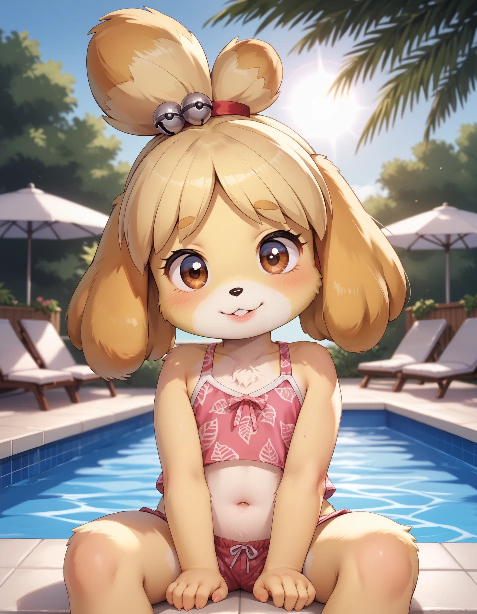 uploaded on e621, ((by Pino Daeni, by Ruan Jia, by Fumiko, by Levelviolet, by Supplesee)), kemono, dagasi, solo female isabelle \(animal crossing\) in animal form with tiny and short body with yellow fur (wearing pink shirt) with leaf patterns and (no pants) and white belly and top knot and (bells), (feral), (flat chest), (detailed fluffy fur), (half-lengthportrait, front view, looking at viewer), BREAK, (sitting in hotel swimming pool bench with plant and flower), (detailed background, depth of field, half body shadow, sunlight, ambient light on the body), (intricate:1), (high detail), (unreal engine), (soft focus), [explicit content, questionable content], (masterpiece, best quality, 4k, 2k, shaded, absurd res)