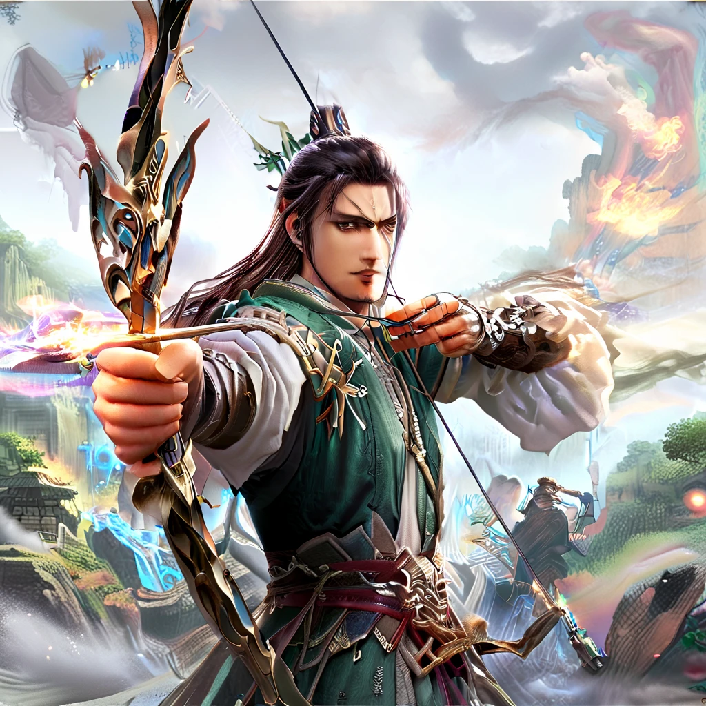 Man Who Shoots A Bow ,Heroes of the Three Kingdoms,20 years old,One Man , Longbow , With a bow, Delicate expression,   perfect hands ( five fingers ),Long black hair,handsome man,  Detailed Face and Eyes ,  Ancient China, dramaticな照明,  Thin Film Components, dramaticなポーズ,  Ancient Chinaの鎧,  intricate detail, dramaticな雰囲気,  Mood Lighting ,  epic fantasy ,  several people having fun with each other while having very detailed , movie, dramatic, Powerful, strong, (Best Quality:1.2,  several people having fun with each other while having very detailed , up to date, Lively,  ultra high resolution,  high contrast, masterpiece:1.2, Best Quality,  best aesthetics ), white background:1.3,simple background:1.3