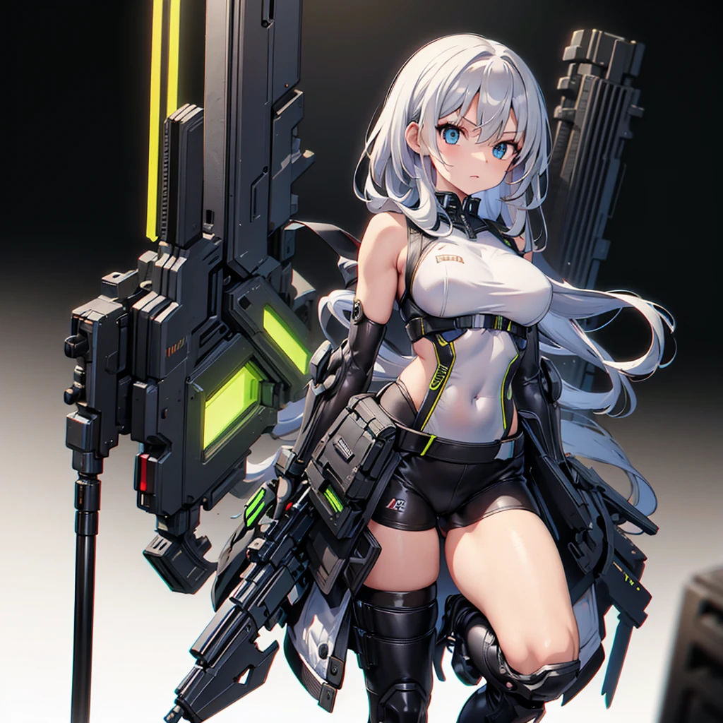 (masterpiece,   best quality), ( perfect athletic body :1.2), ( detailed hair), super detailed,   Anime Style  ,  full body,   Cyberpunk Ninja Gunner Girl, Wearing techwear, Neon Yellow Accessory  ,  Equipped with a giant tech gun  ,  Black and white hair , Stew , Mechanical Arm Guard, Put on your tech boots, 8k high resolution,   trendy art station  ,   White background ,   standing in the wilderness  , whole body,