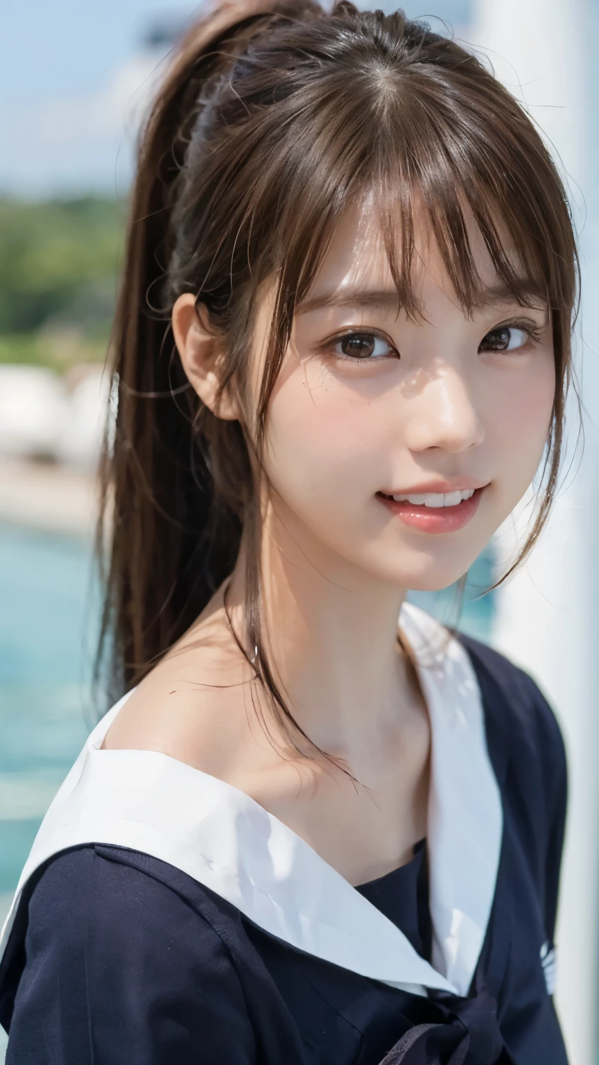 (Best Quality,  digital SLR camera showing feet, 8k, Best Quality,  Hi-Res, Best Quality, 最 Hi-Res,  very beautiful women , perfect anatomy),  Light Brown Eyes , very  Light Brown Eyes ,  small diamond shaped earrings ,  camera , Beautiful brown hair, ((baby face,  loose and cute medium ponytail )), とても短くてBeautiful brown hairのぱっつん前髪,  E cup breasts,  showing a beautiful décolletage , Very beautiful 20 year old,  lip gloss, とても幸せそうに is laughing,  very cute smile , Upper teeth, Beautiful Teeth, (Random beautiful summer ocean or pond horizon ( background only),  Slightly larger eyes,  small face , Tall supermodel, Beautifully toned model, ( showing her thighs in random cute poses),  dynamic angle,  focus of gaze,   head tilt , Very detailed and realistic , Very beautiful 20 year old, ((Three-quarter shot)), Sharp jaw, ((High school student sailor uniform)), Deep waist, Sexy Legs, Front View, とても嬉しそうに is laughing,  is laughing, Summer Afternoon
