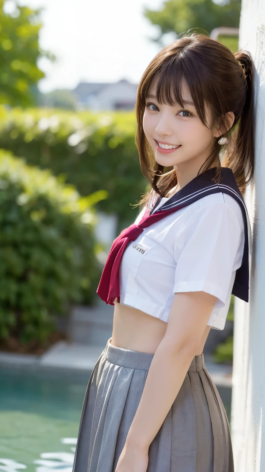 (Best Quality, digital SLR camera showing feet, 8k, Best Quality, Hi-Res, Best Quality, 最 Hi-Res, very beautiful women , perfect anatomy), Light Brown Eyes , very Light Brown Eyes , small diamond shaped earrings , camera , Beautiful brown hair, ((, loose and cute medium ponytail )), とても短くてBeautiful brown hairのぱっつん前髪, E cup breasts, showing a beautiful décolletage , Very beautiful 20 year old, lip gloss, とても幸せそうに is laughing, very cute smile , Upper teeth, Beautiful Teeth, (Random beautiful summer ocean or pond horizon ( background only), Slightly larger eyes, small face , Tall supermodel, Beautifully toned model, ( showing her thighs in random cute poses), dynamic angle, focus of gaze, head tilt , Very detailed and realistic , Very beautiful 20 year old, ((Three-quarter shot)), Sharp jaw, ((High school student sailor uniform)), Deep waist, Sexy Legs, Front View, とても嬉しそうに is laughing, is laughing, Summer Afternoon