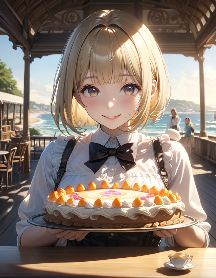 1 girl, 18yo, flat chest, blue eyes, light brown hair, bob cut, smile, open mouth, summer outfit, fruit parfait, pudding, strawberry shortcake, Mont Blanc cake, fruit tart, cream puffs, eclairs, soft serve ice cream, iced coffee. cafe.