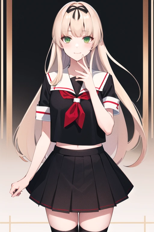 masterpiece, Best Quality,  Hi-Res, Then 1, green eyes,  school uniform,   hair bow, Seraph,   black ribbon  ,  Pleated Skirts,   manipulating straight hair ,   black skirt on Kuroshio Sea ,  red neckerchief , Black socks,   White Sailor Color , 