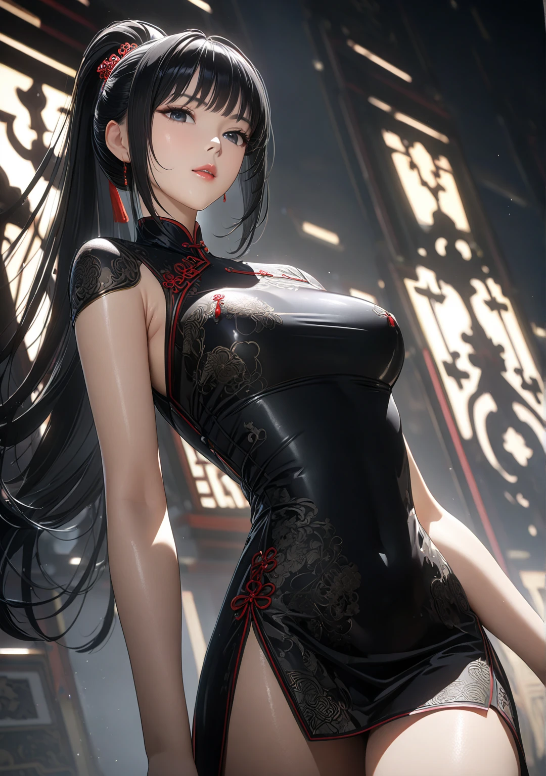 Best Quality, Ultra High Resolution, (Realistic:1), 1 Girl, Indoor, Bed, Cheongsam, Black Cheongsam, Black Necklace, (Black Gray Gray Hair:1), Hair Tucked, (:1.2), Looking at the Audience, Ultra Wide Angle