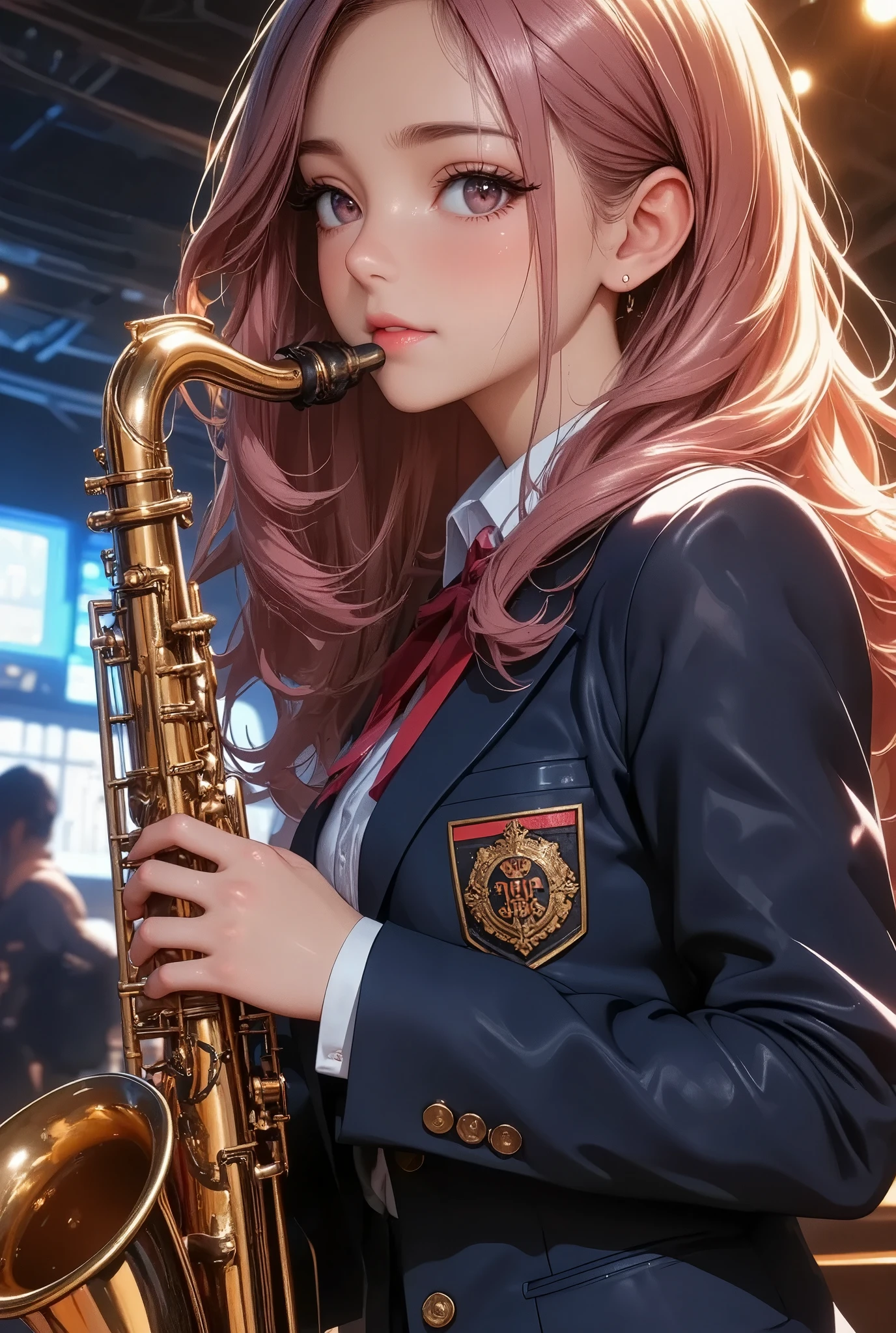  saxophone、Detailed and realistic portrait 、(Best Quality、4K、8k、 Hi-Res、masterpiece:1.2)、Super detailed、( Anime Style 、 photorealistic:1.2)、 highly detailed eyes and faces、 Beautifully Detailed Lips 、 long eyelashes 、 navy blue blazer、 red ribbon、Playing an instrument、 complicated details、Beautiful schoolgirl playing a correctly drawn instrument 、 cinematic lighting、Warm tones、 soft focus、 Award-winning photo with both hands holding flops、 concept art 