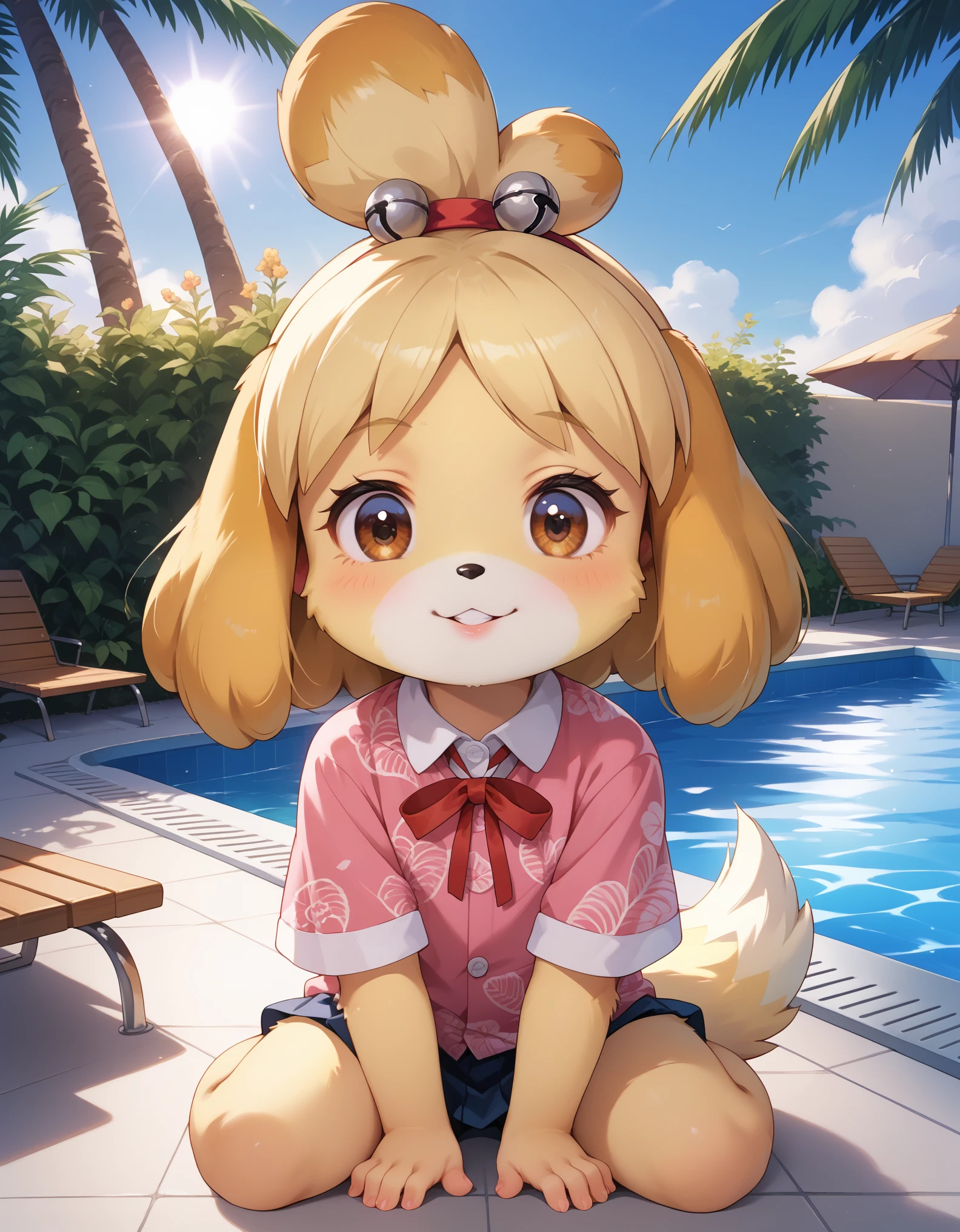 uploaded on e621, ((by Pino Daeni, by Ruan Jia, by Fumiko, by Levelviolet, by Supplesee)), kemono, dagasi, solo female isabelle \(animal crossing\) in animal form with tiny and short body with yellow fur (wearing pink shirt) with leaf patterns and (no pants) and white belly and top knot and (bells), (feral), (flat chest), (detailed fluffy fur), (half-lengthportrait, front view, looking at viewer), BREAK, (sitting in hotel swimming pool bench with plant and flower), (detailed background, depth of field, half body shadow, sunlight, ambient light on the body), (intricate:1), (high detail), (unreal engine), (soft focus), [explicit content, questionable content], (masterpiece, best quality, 4k, 2k, shaded, absurd res)