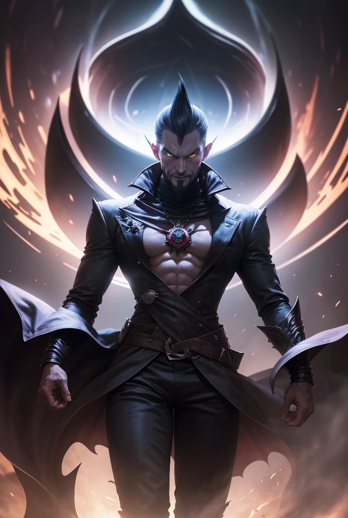 gloomy portrait of Dracula from Marvel, extremely detailed, futuristic cityscape, nighttime, glowing neon lights, smoke, sparks, metal shavings, flying debris, blue energy effects, volumetric light