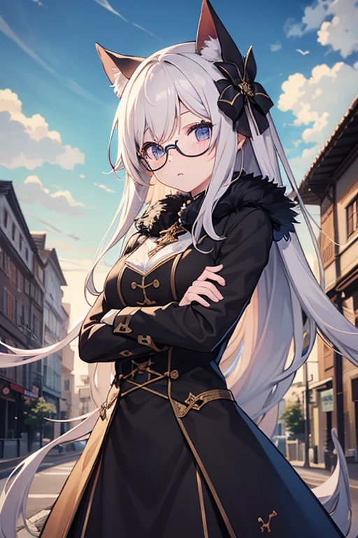 Best Quality、masterpiece、High sensitivity、 Hi-Res、Detailed explanation、 slender woman protecting her hands 、Glasses、 fur coats、 cross your arms、Lots of 、 bills are falling from the sky、 In the middle of town 、
