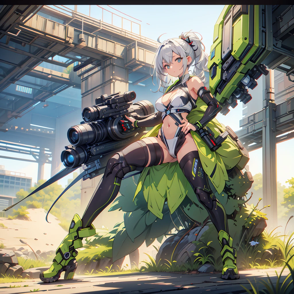 (masterpiece,   best quality), ( perfect athletic body :1.2), ( detailed hair), super detailed,   Anime Style  ,  full body,   Cyberpunk Ninja Gunner Girl, Wearing techwear, Neon Yellow Accessory  ,  Equipped with a giant tech gun  ,  Black and white hair , Stew , Mechanical Arm Guard, Put on your tech boots, 8k high resolution,   trendy art station  ,   White background ,   standing in the wilderness  , whole body,